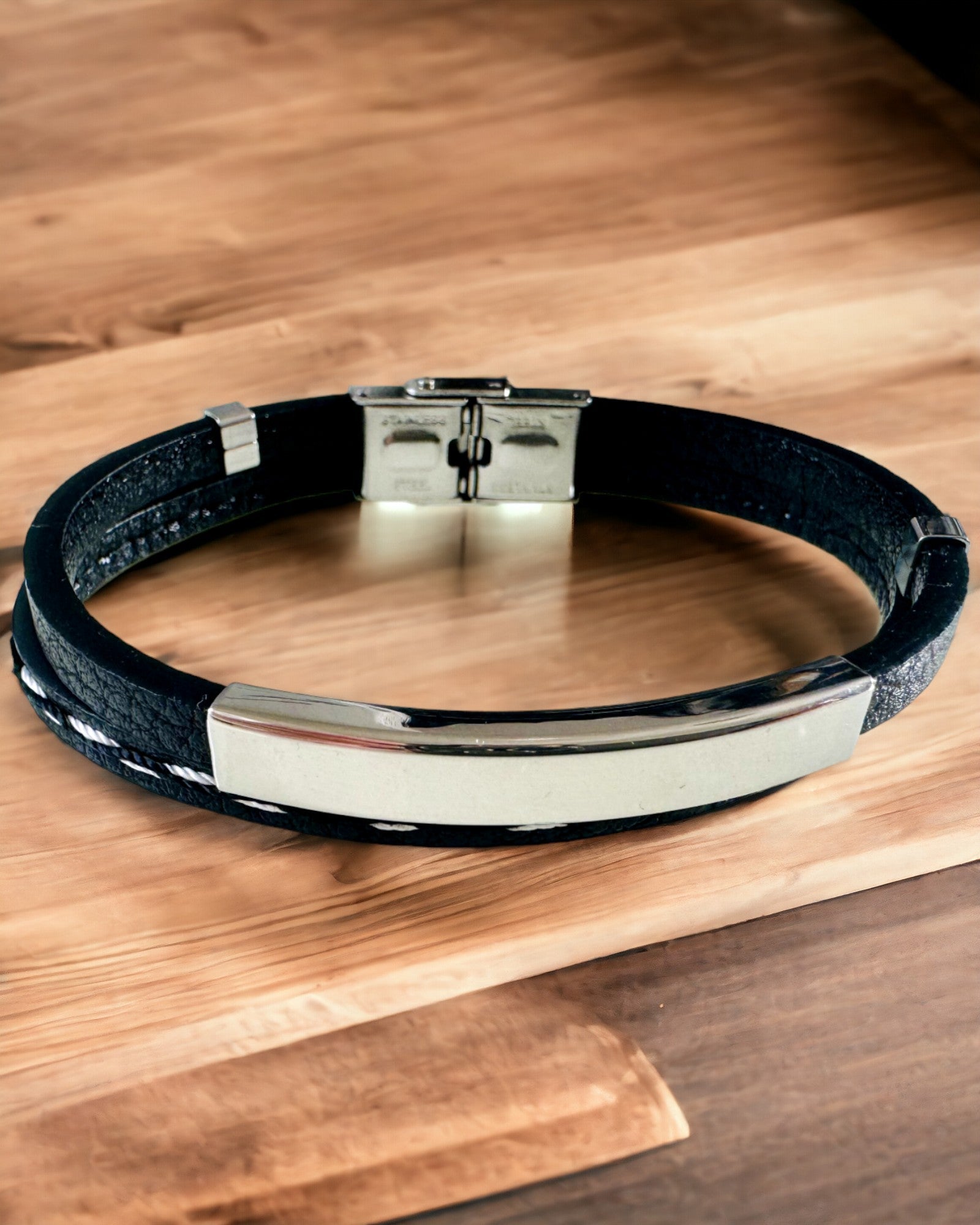 PU Leather and Stainless Steel Sports Bracelet with Engraving Option – 3 Colors