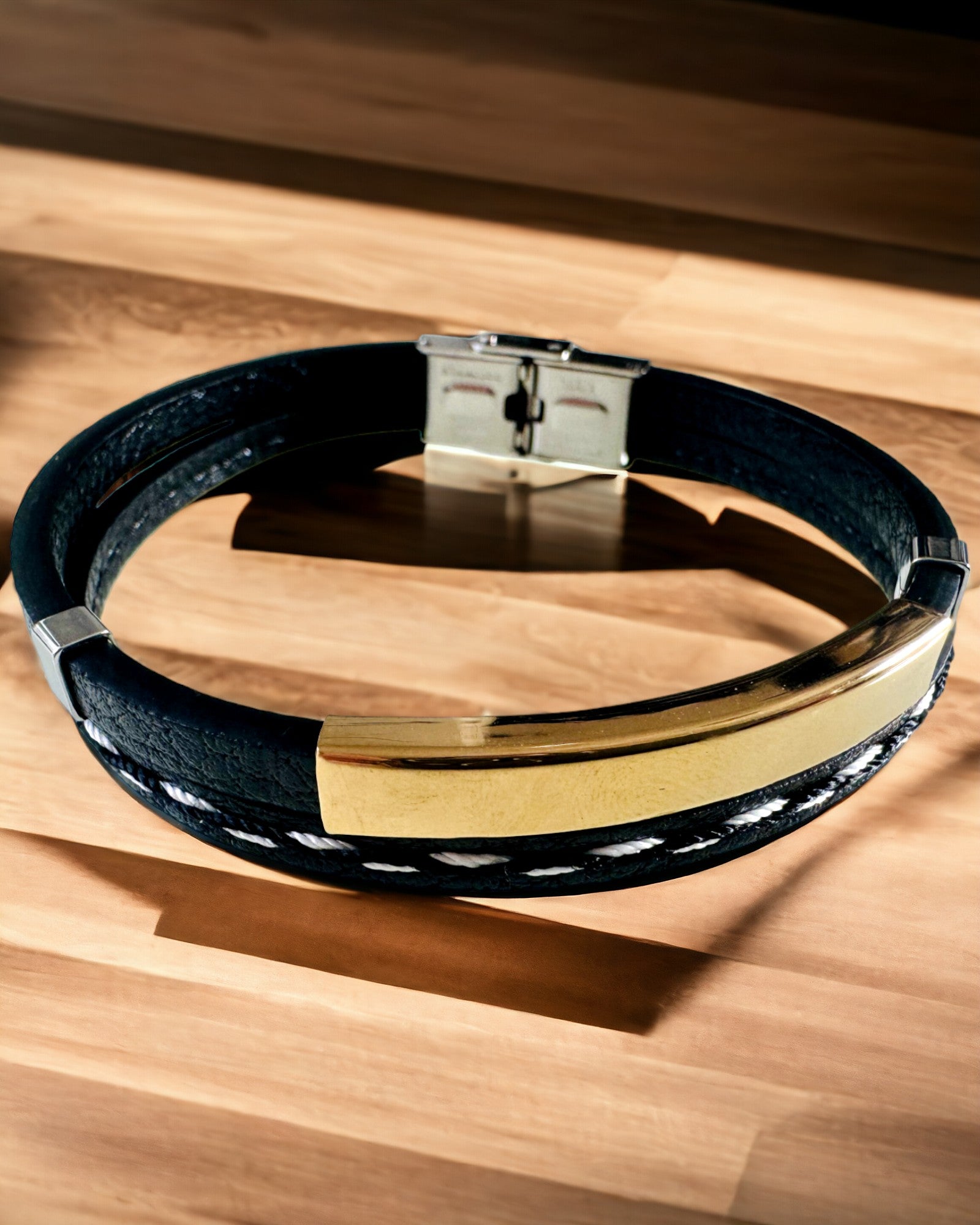 PU Leather and Stainless Steel Sports Bracelet with Engraving Option – 3 Colors