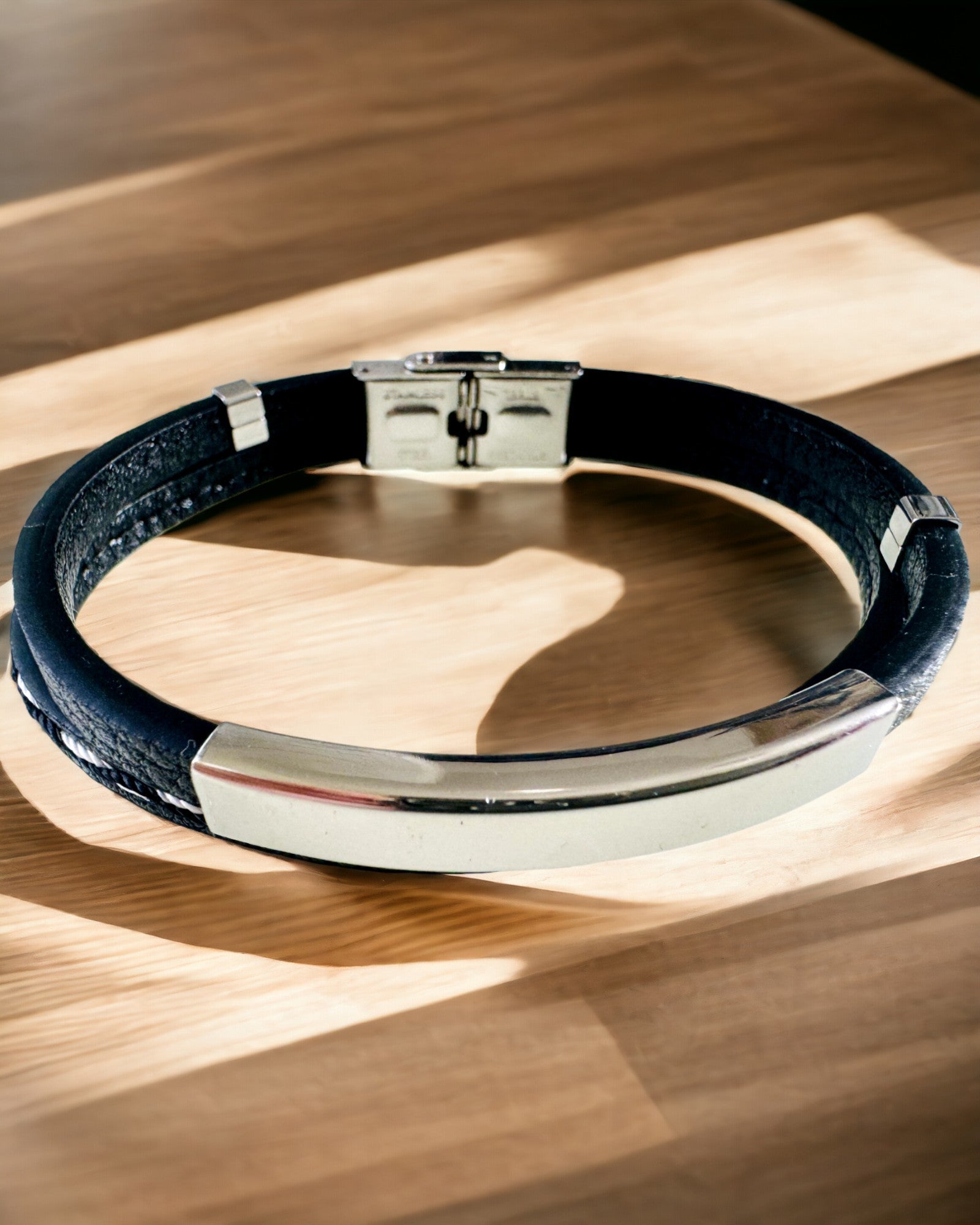 PU Leather and Stainless Steel Sports Bracelet with Engraving Option – 3 Colors