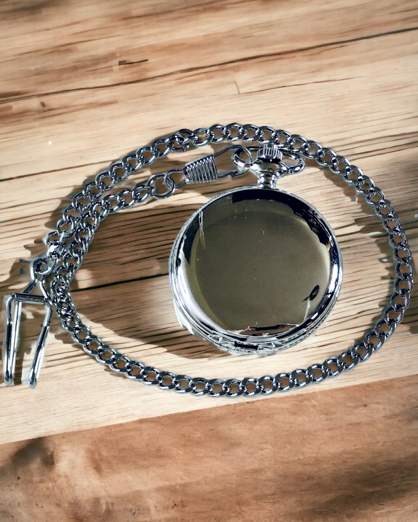 Classic Pocket Watch with Roman Numerals and Chain, Quartz, Steel Shine - Silver Color