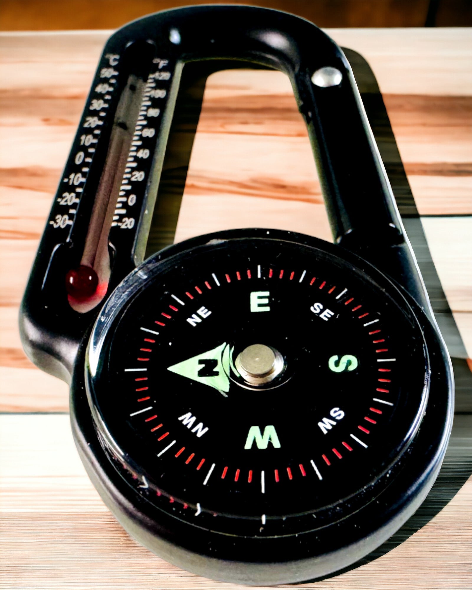 Carabiner compass with thermometer, keychain - engraving option