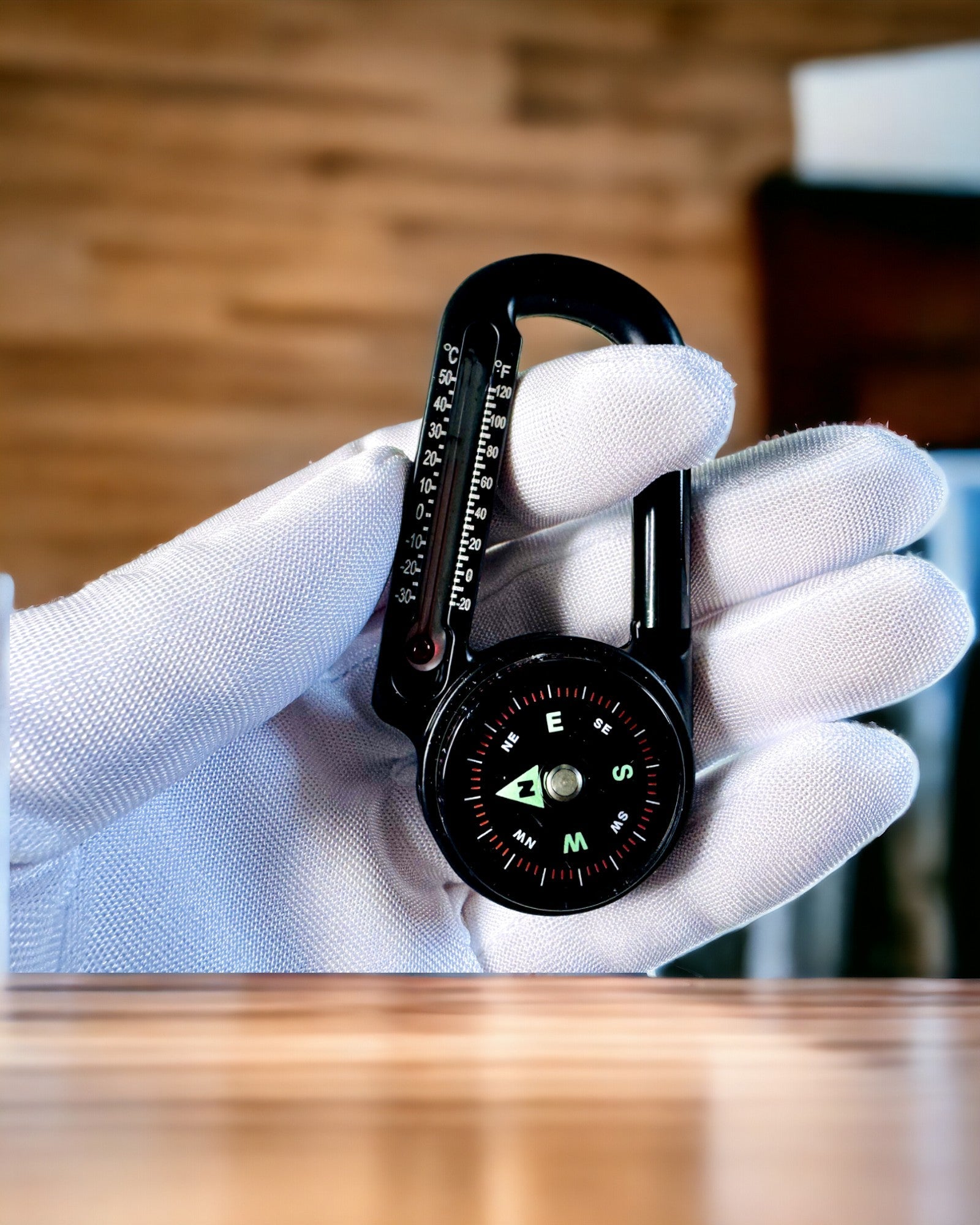 Carabiner compass with thermometer, keychain - engraving option