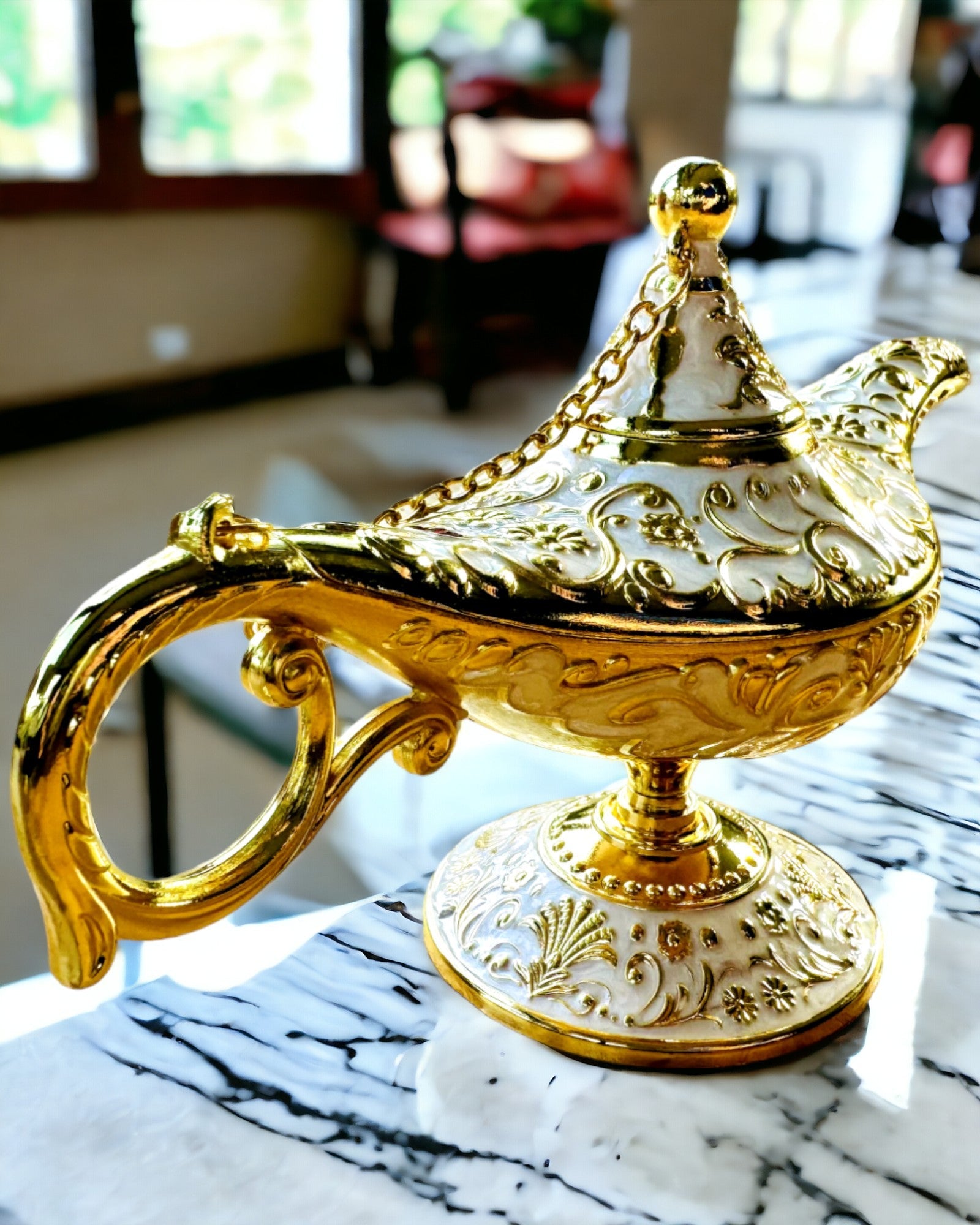 Magic Aladdin Lamp with Engraving Option - White Variant, interwoven with gold