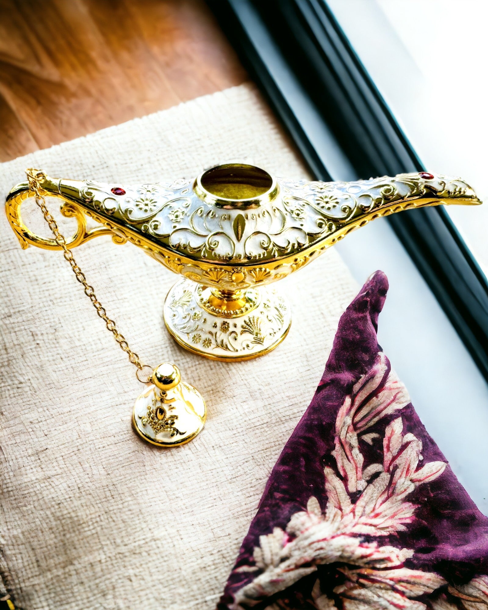 Magic Aladdin Lamp with Engraving Option - White Variant, interwoven with gold