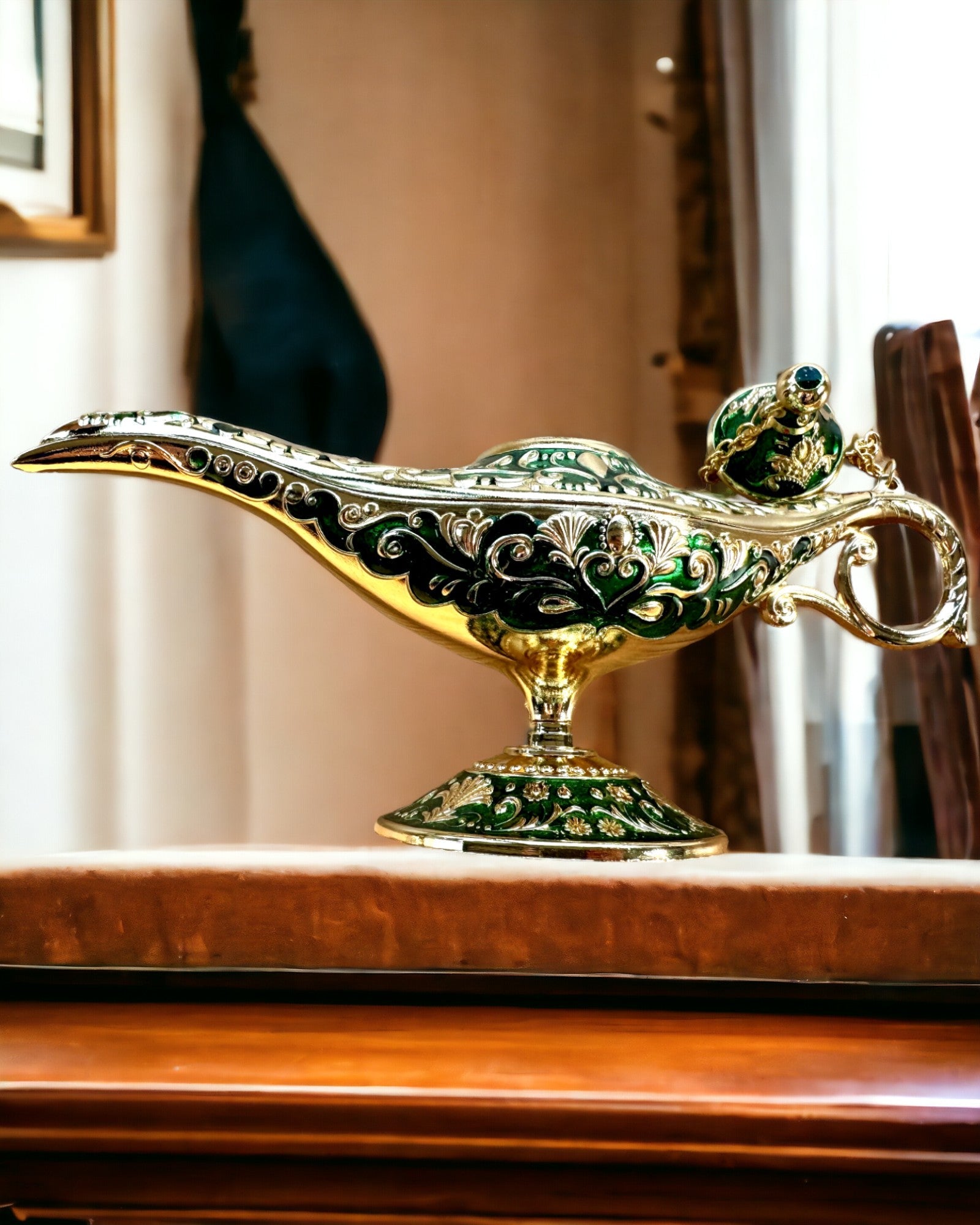 Magic Aladdin Lamp with Engraving Option - Dark Green Variant, interwoven with gold