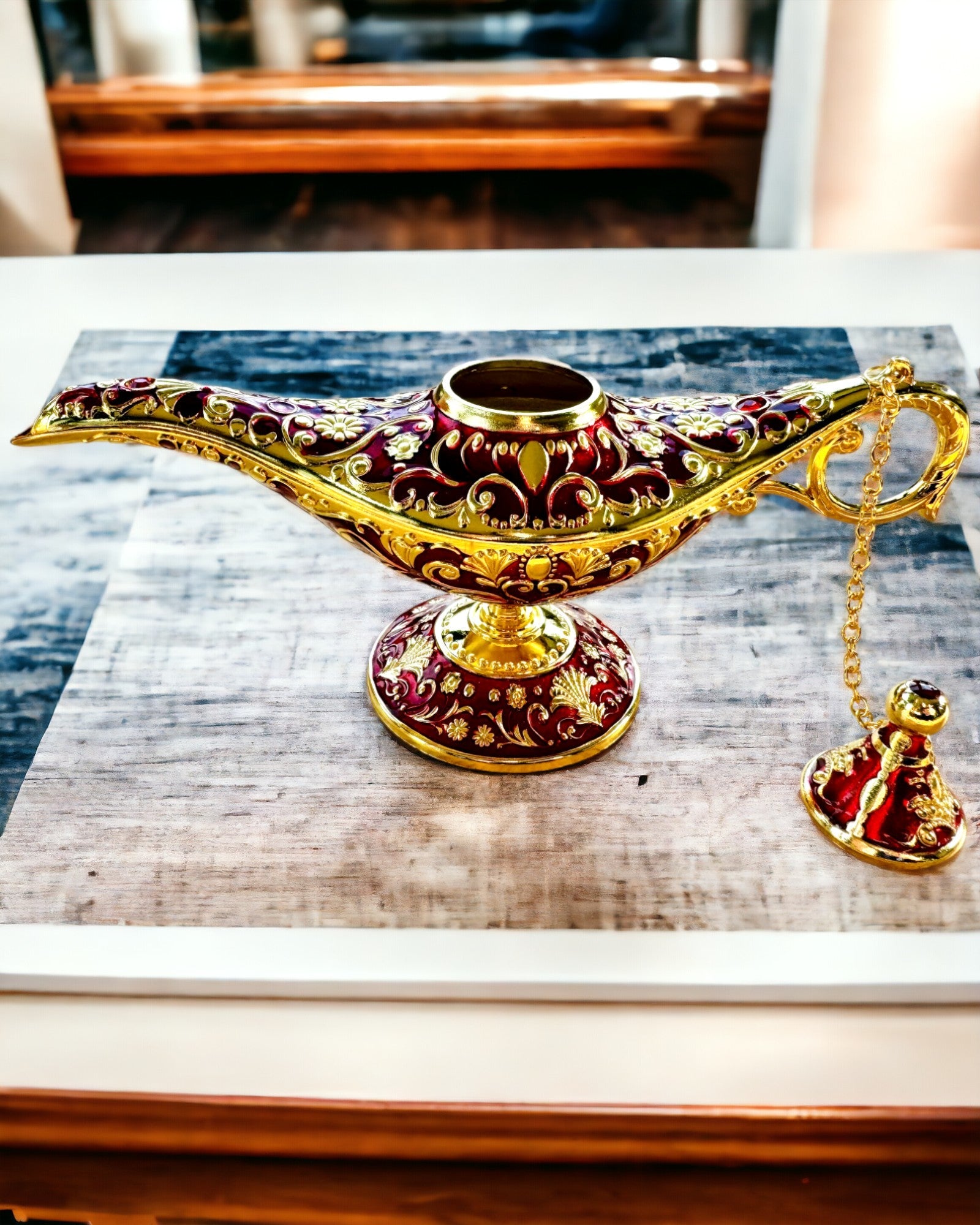 Magic Aladdin Lamp with Engraving Option - Burgundy Variant, interwoven with gold