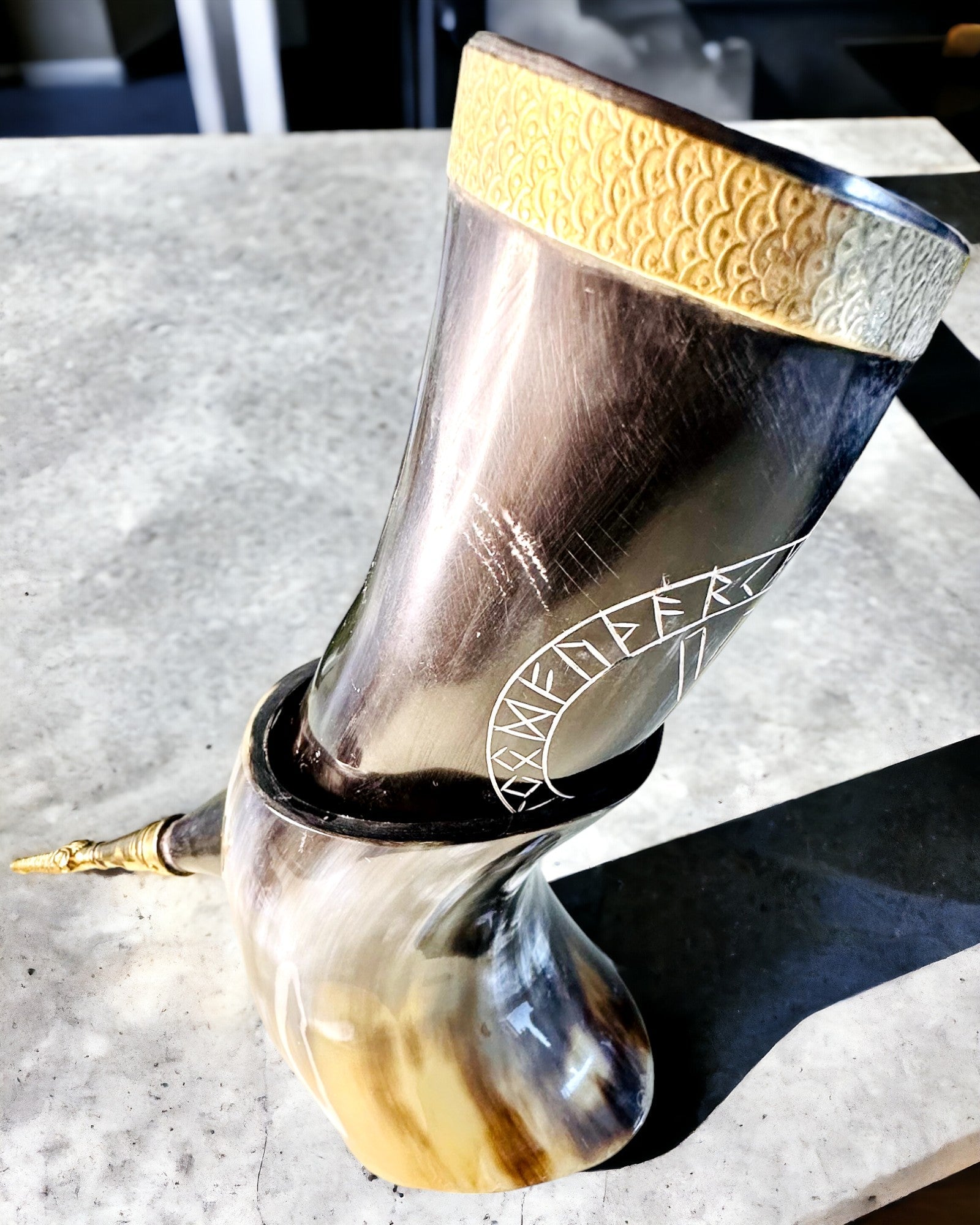 Horn Mug "Viking Valor" - Hand Engraved, Premium Quality - 4 Variants Available