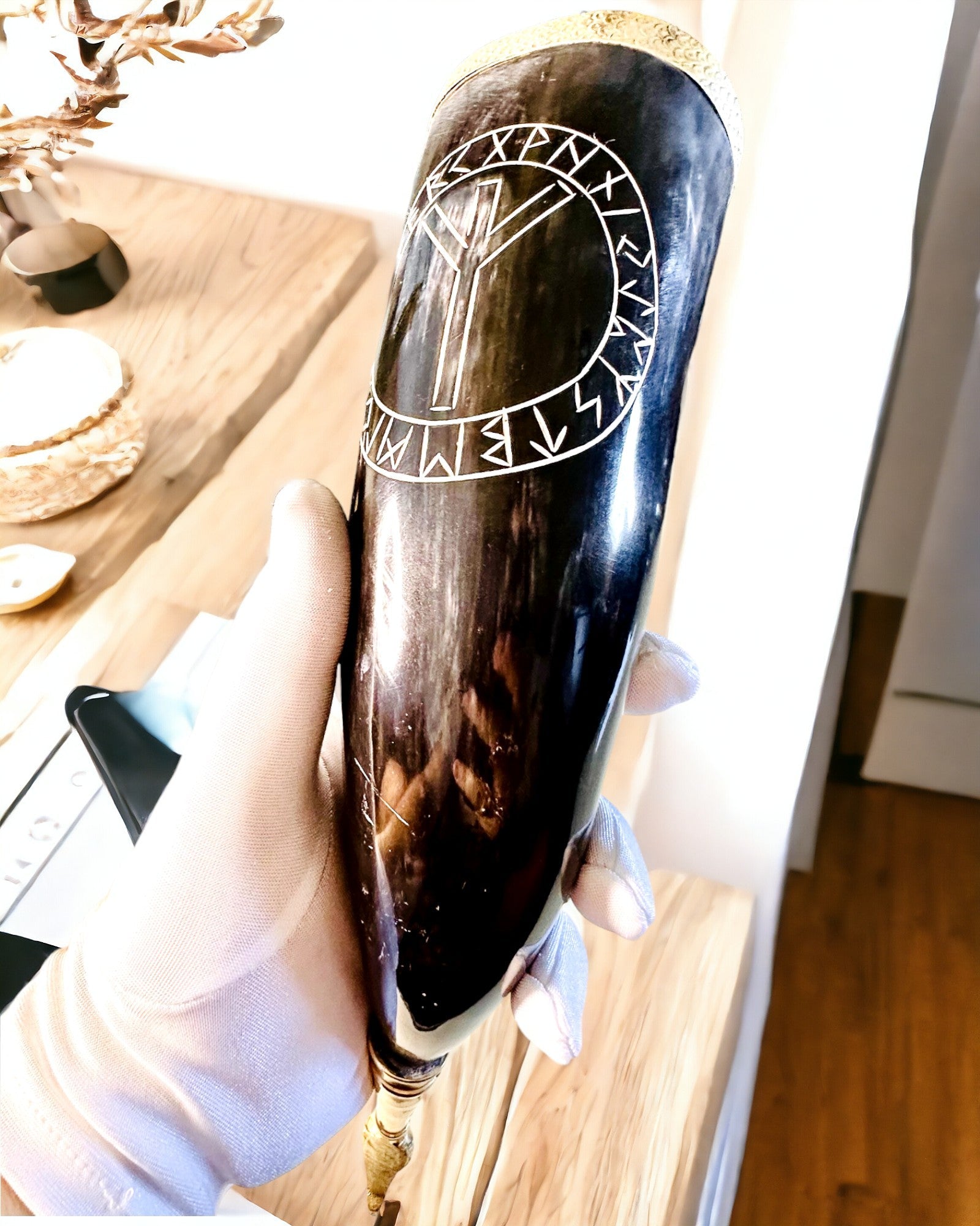 Horn Mug "Viking Valor" - Hand Engraved, Premium Quality - 4 Variants Available