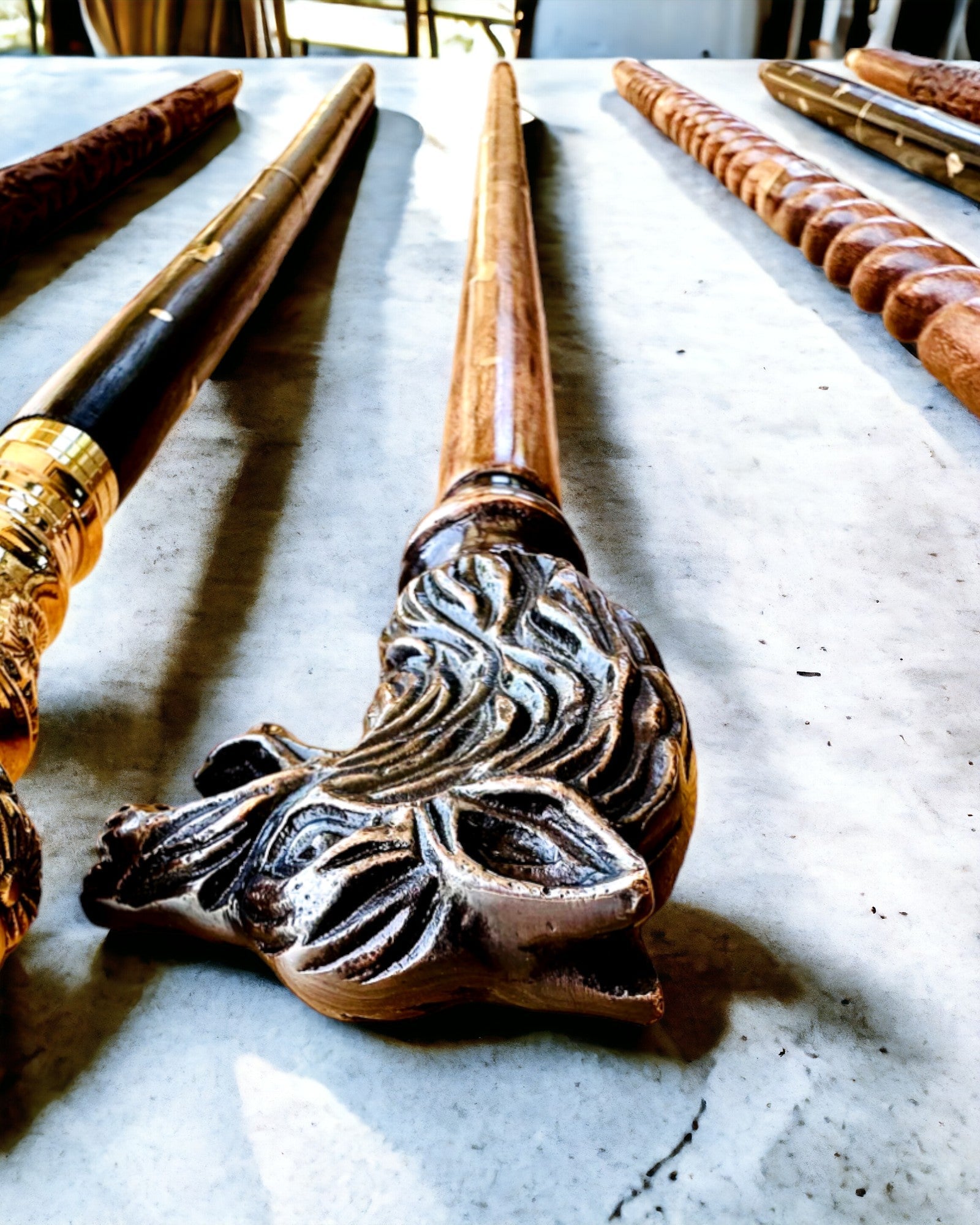 Walking Cane Wolf - Indian Mango Wood with Engraving Option, brown with golden decorations