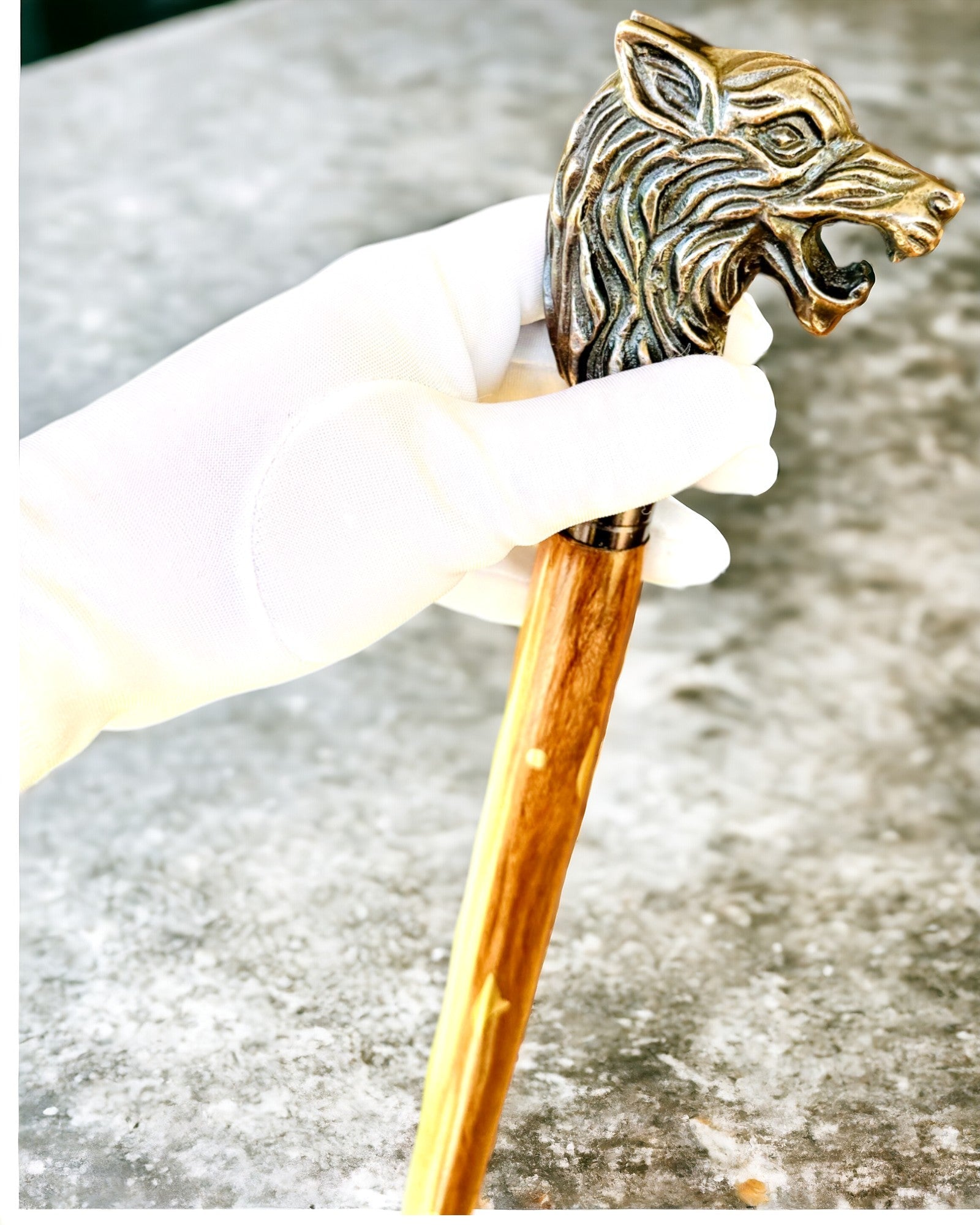 Walking Cane Wolf - Indian Mango Wood with Engraving Option, brown with golden decorations
