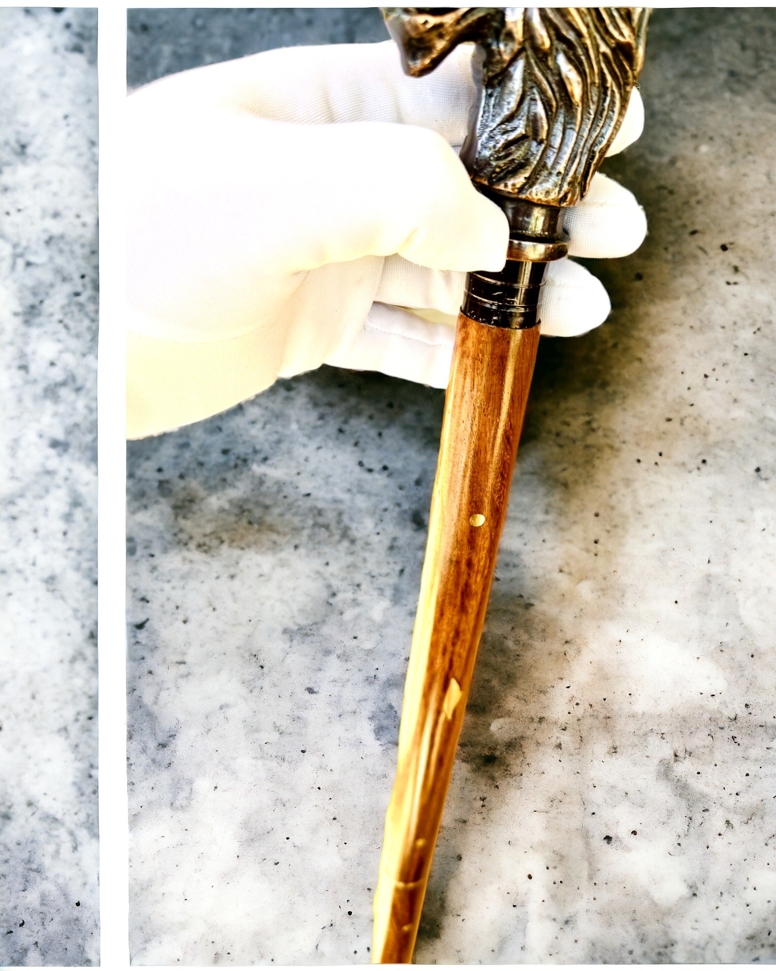 Walking Cane Wolf - Indian Mango Wood with Engraving Option, brown with golden decorations