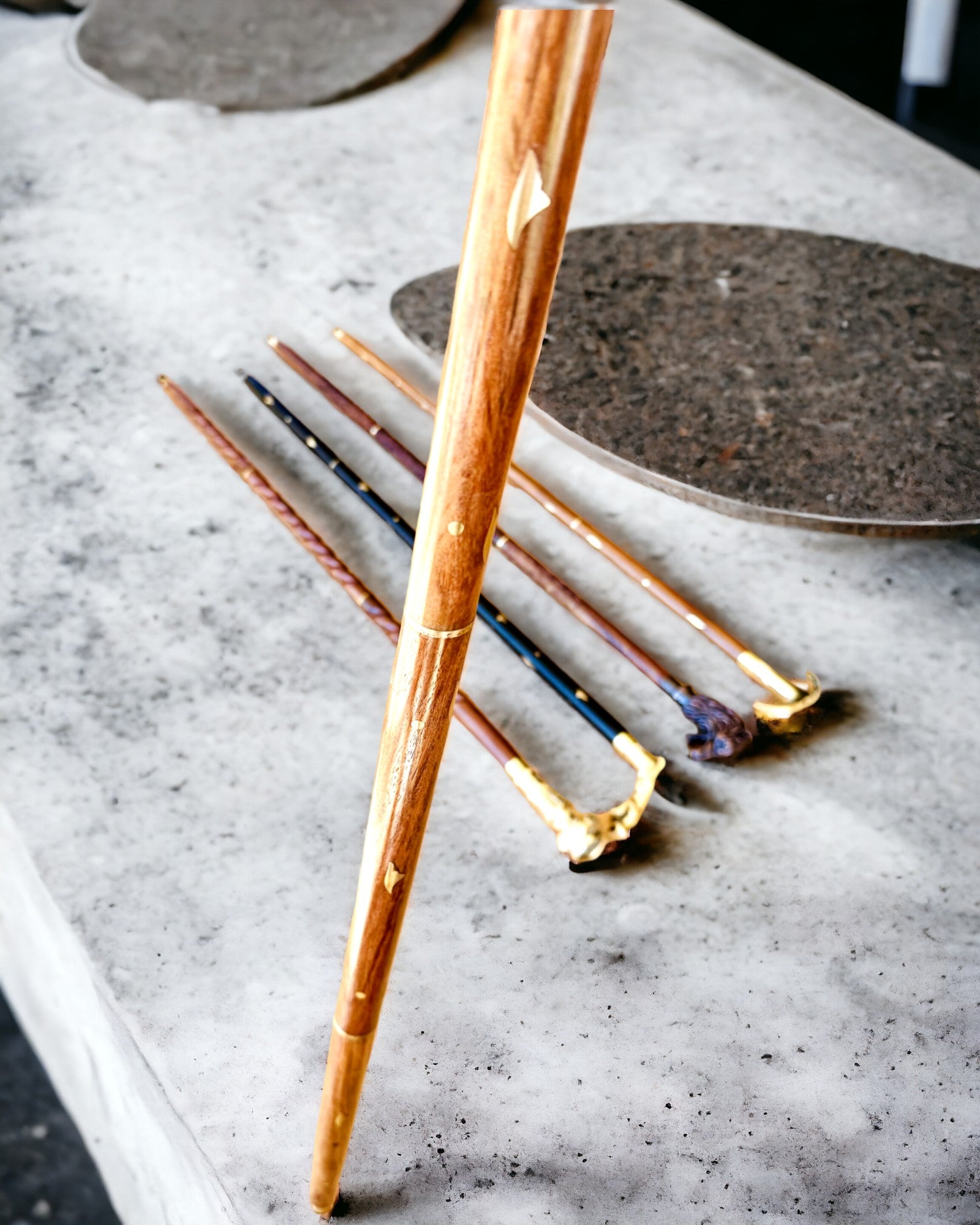 Walking Cane Wolf - Indian Mango Wood with Engraving Option, brown with golden decorations