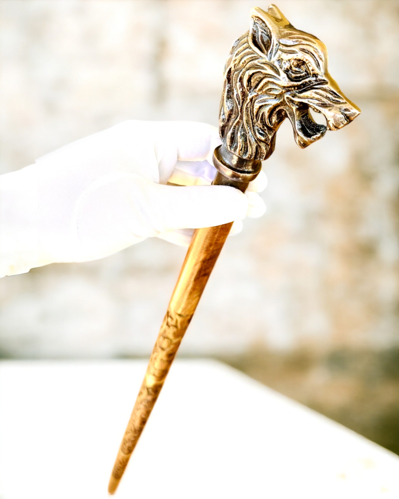 Walking Cane 'Wolf' - Indian Mango Wood with Engraving Option, brown with carved pattern