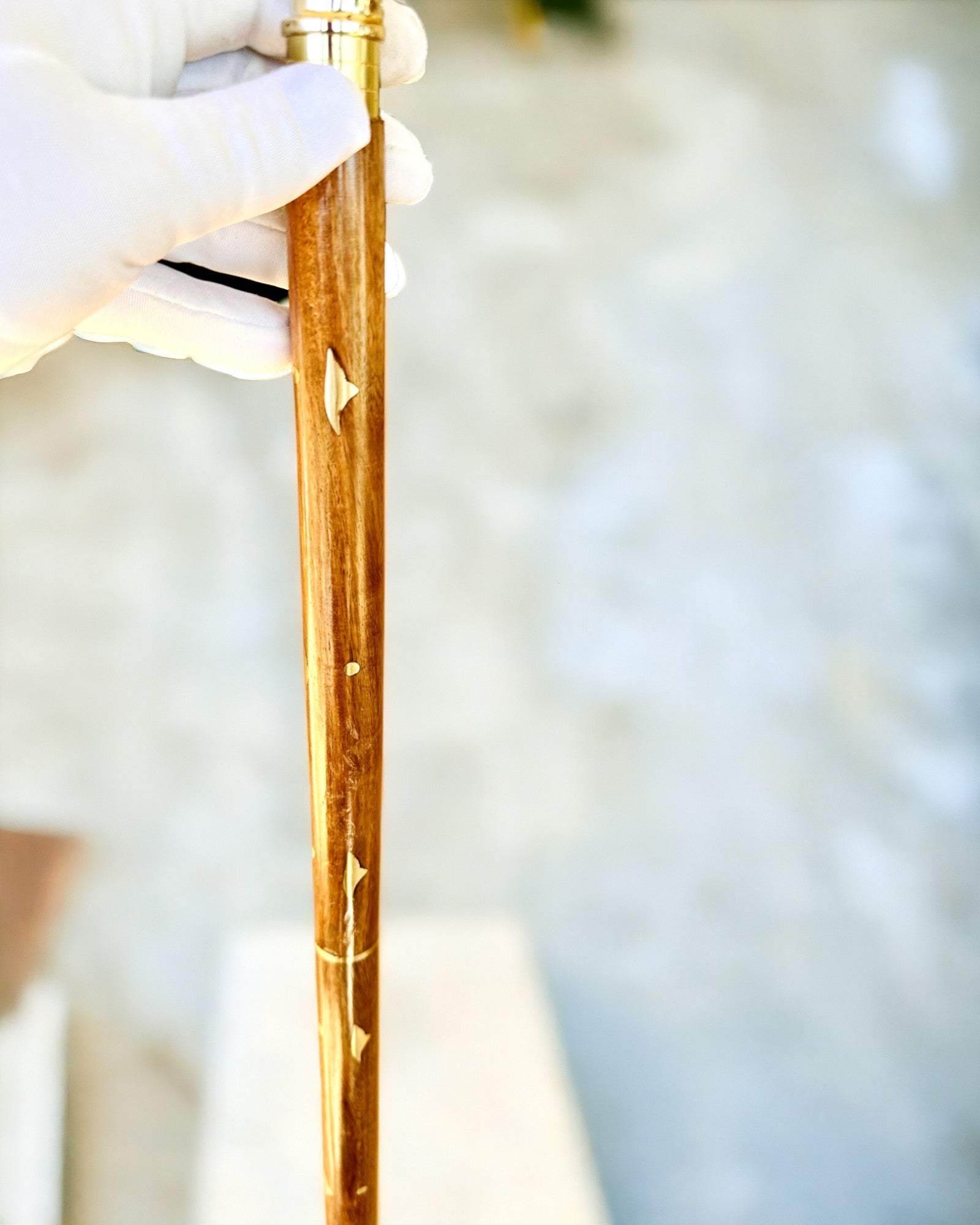 Walking Cane Wolf - Indian Mango Wood with Engraving Option, brown with golden decorations