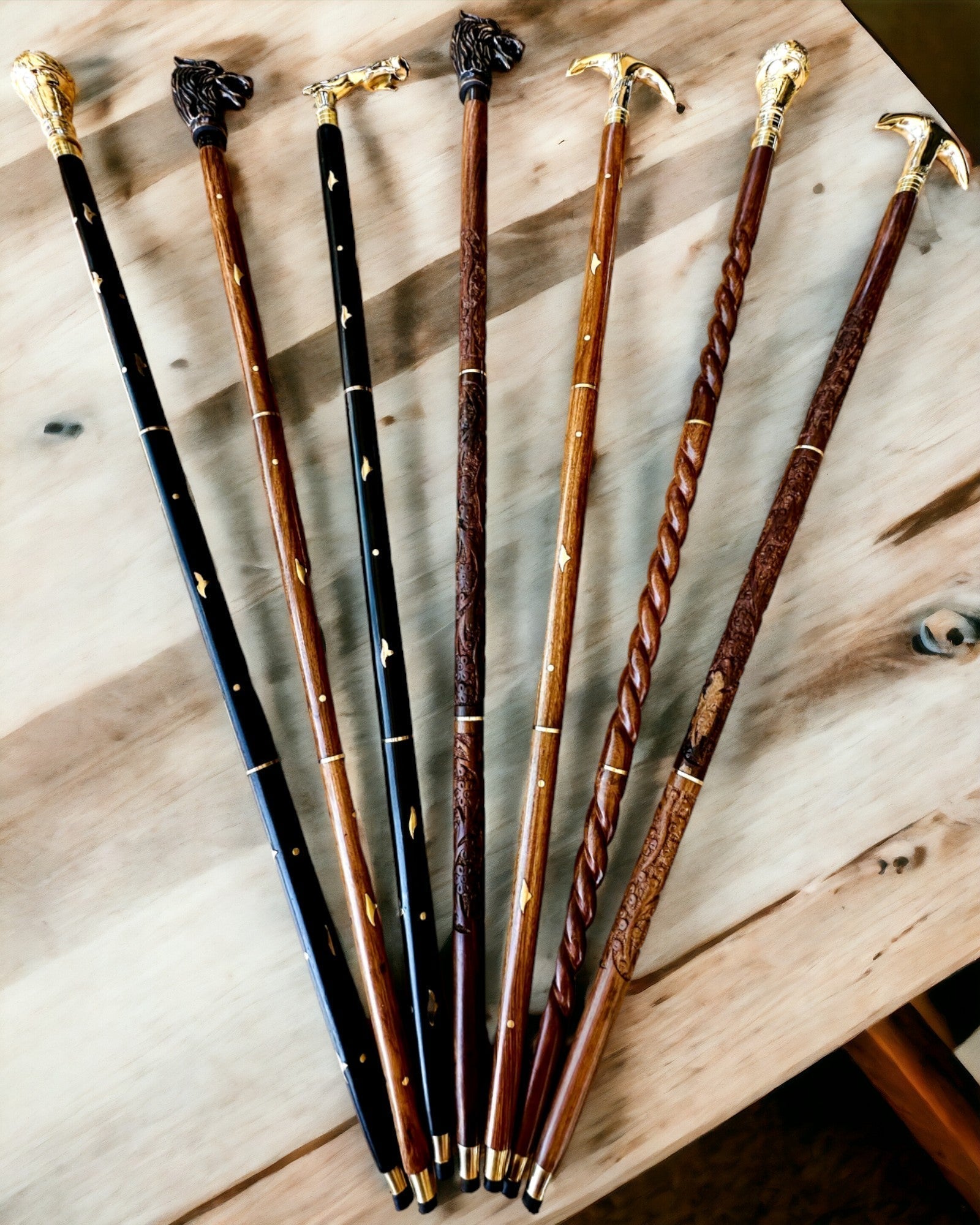 Walking Cane Wolf - Indian Mango Wood with Engraving Option, brown with golden decorations