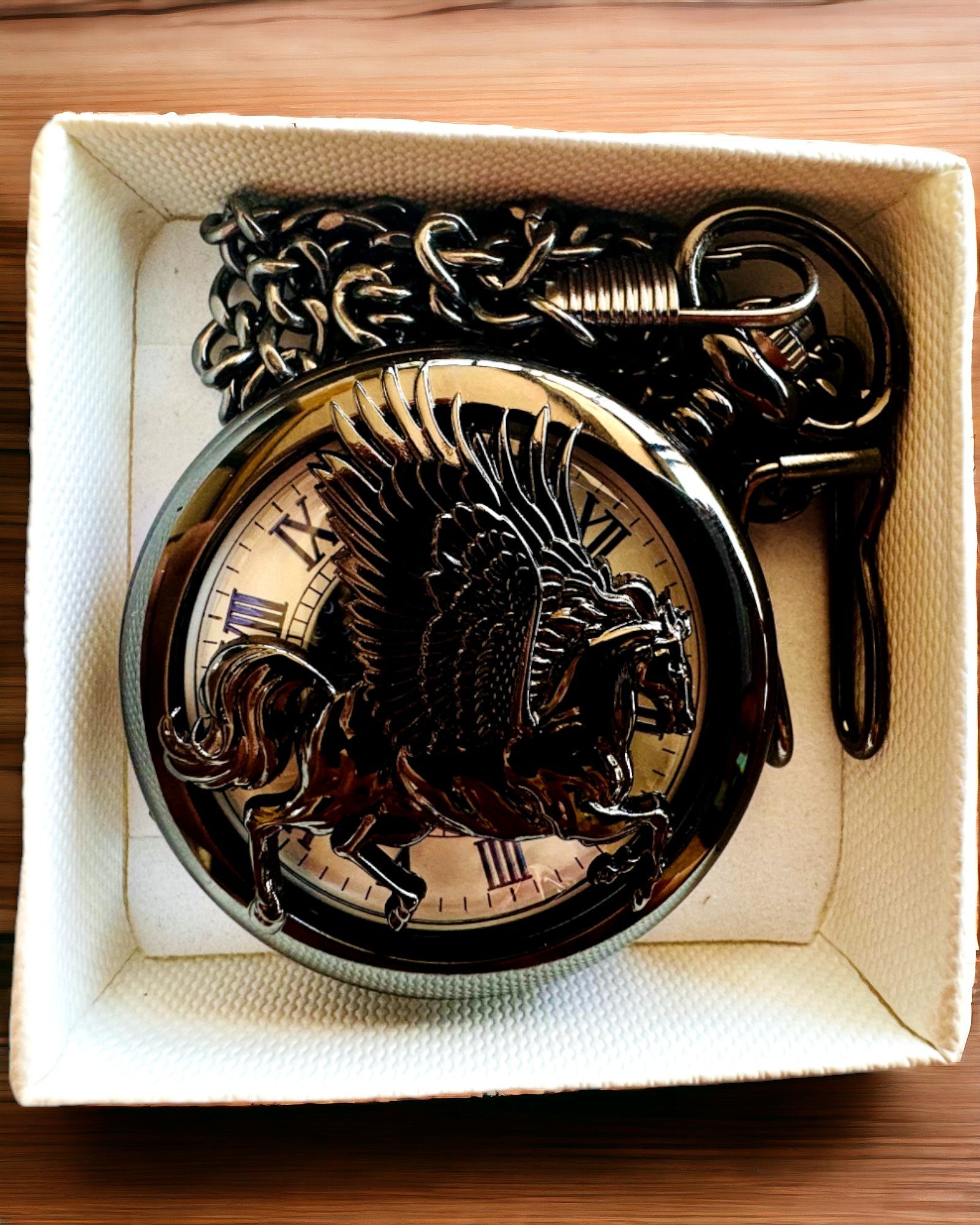 Pocket Watch "Equus Tempus" - Black with Horse Motif, customizable with engraving - white dial