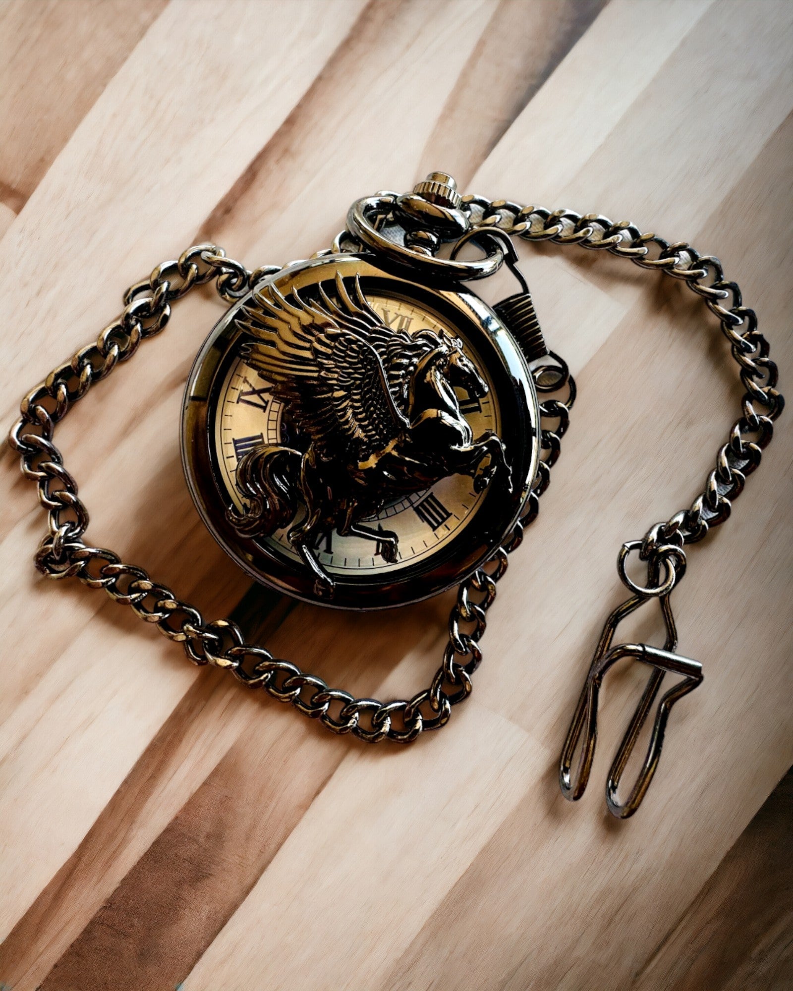Pocket Watch "Equus Tempus" - Black with Horse Motif, customizable with engraving - white dial