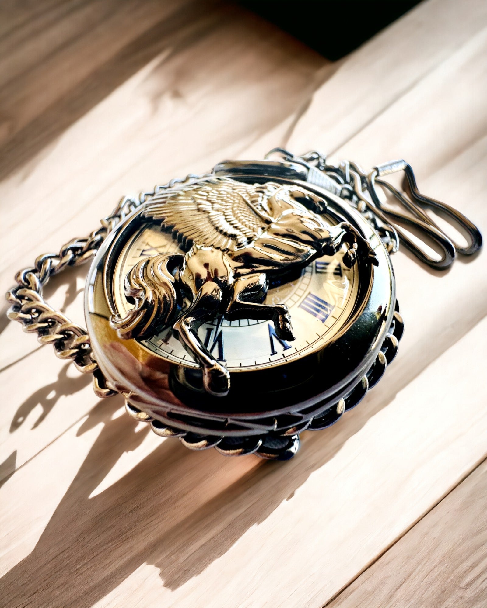 Pocket Watch "Equus Tempus" - Black with Horse Motif, customizable with engraving - white dial