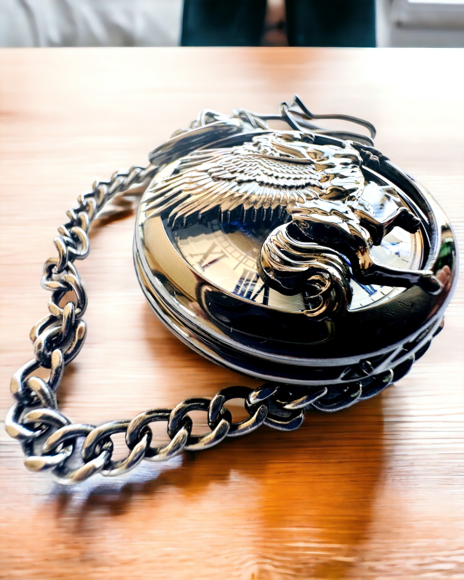 Pocket Watch "Equus Tempus" - Black with Horse Motif, customizable with engraving - white dial