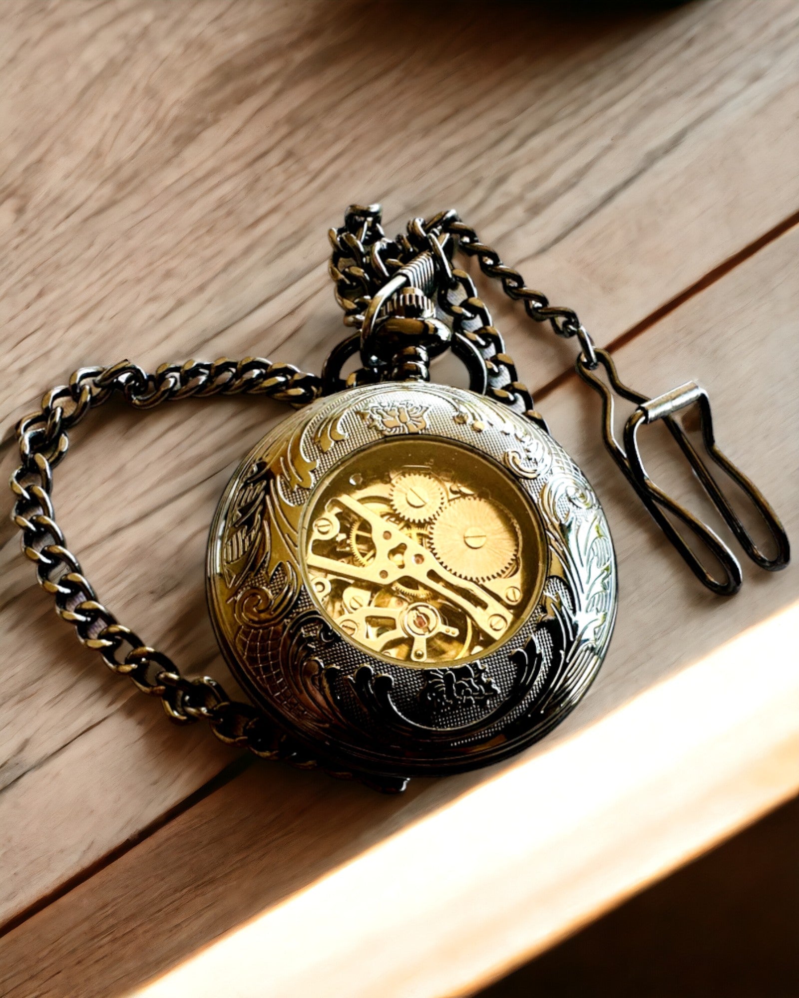 Pocket Watch "Equus Tempus" - Black with Horse Motif, customizable with engraving - white dial