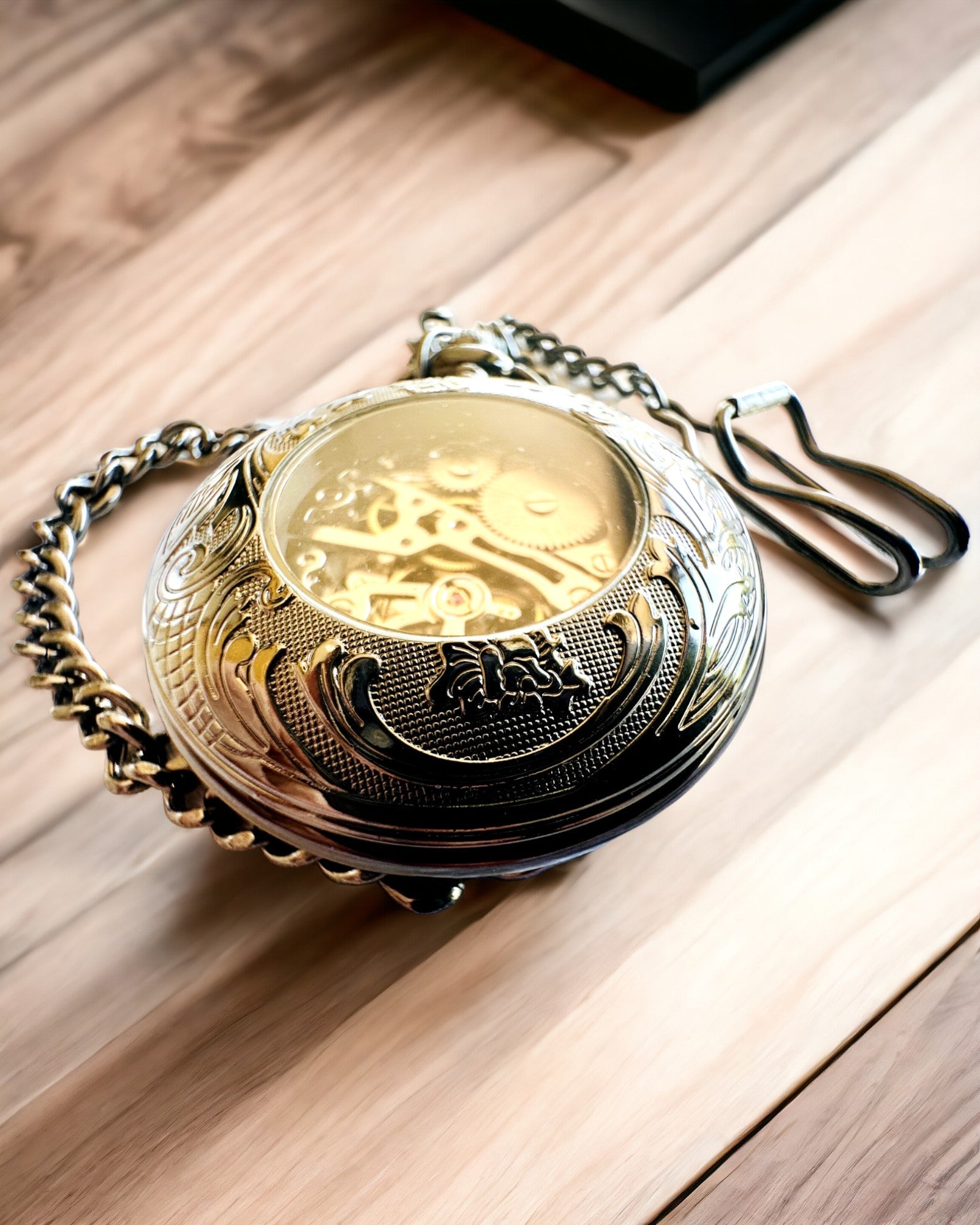 Pocket Watch "Equus Tempus" - Black with Horse Motif, customizable with engraving - white dial