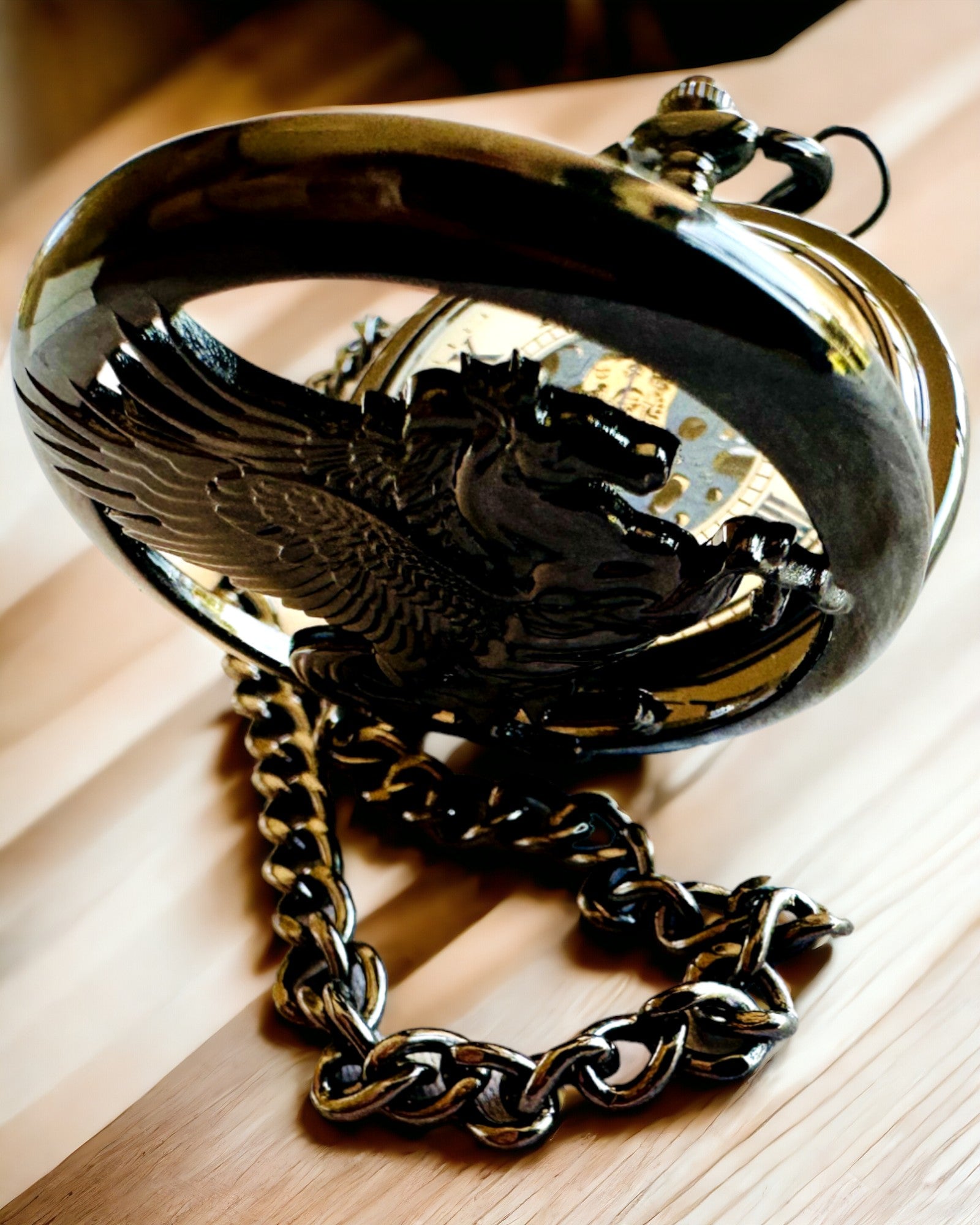 Pocket Watch "Equus Tempus" - Black with Horse Motif, customizable with engraving - white dial