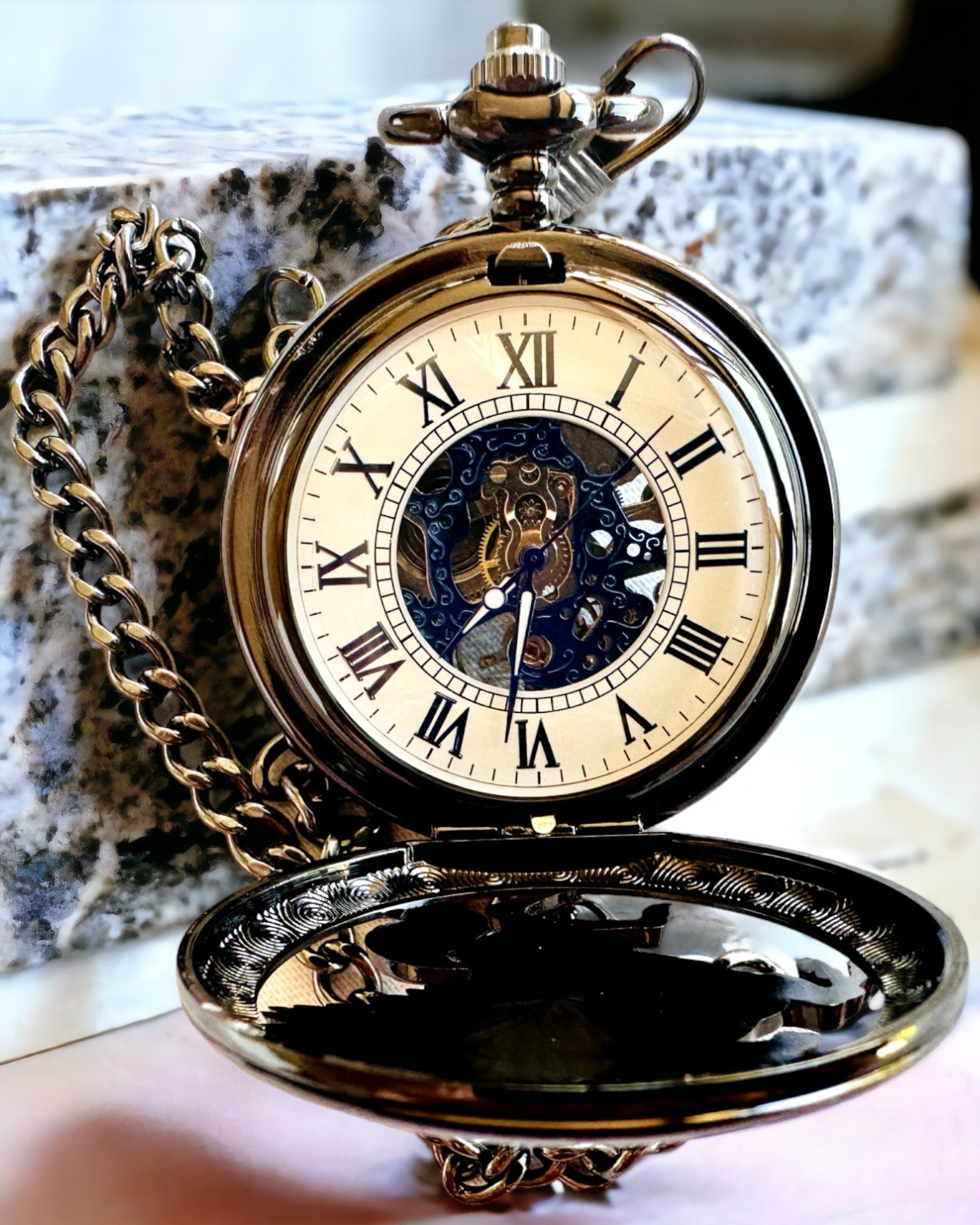 Pocket Watch "Equus Tempus" - Black with Horse Motif, customizable with engraving - white dial
