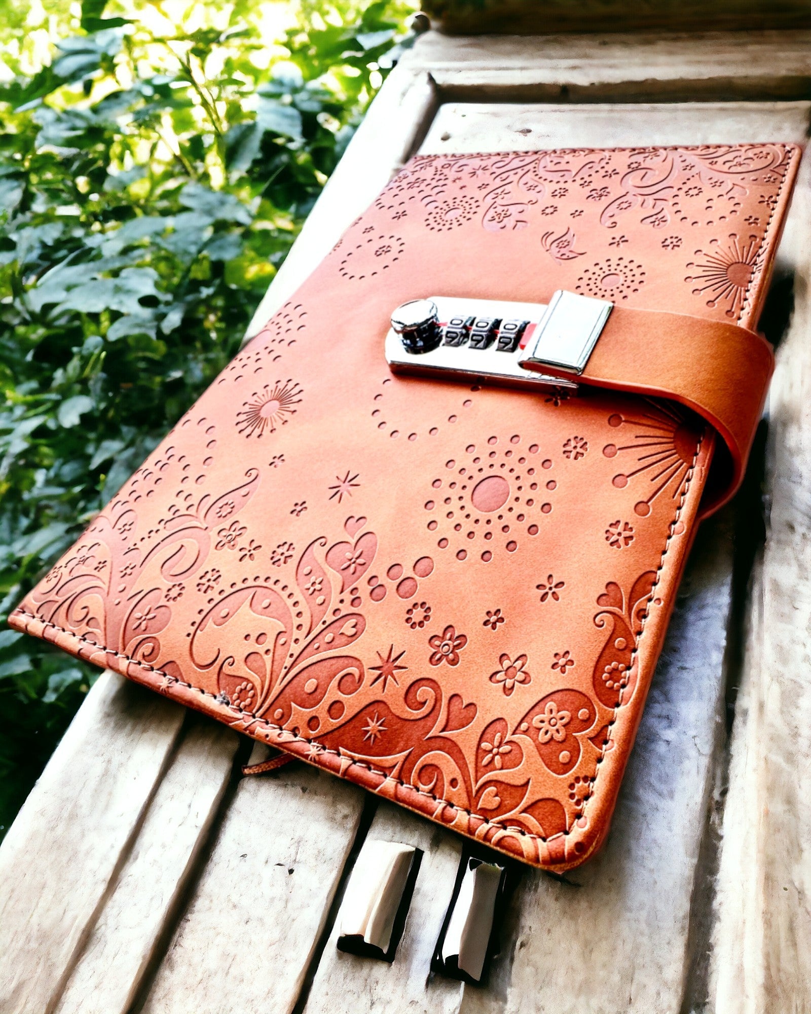 Exclusive Notebook, PU Leather, A5 with Combination Lock - "Secret Journal", personalization with engraving