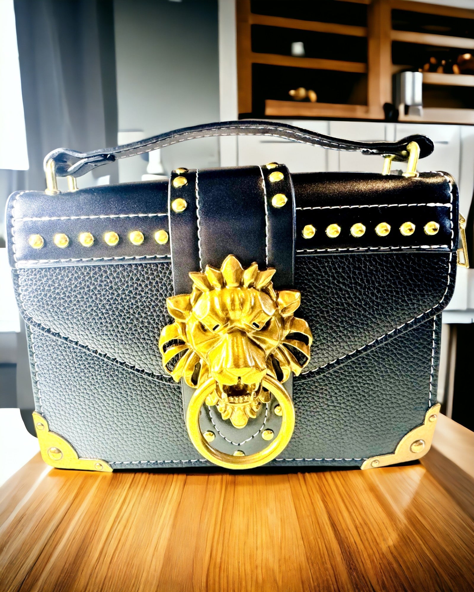 Fashionable Square Shoulder Bag with Lion Accent - color black