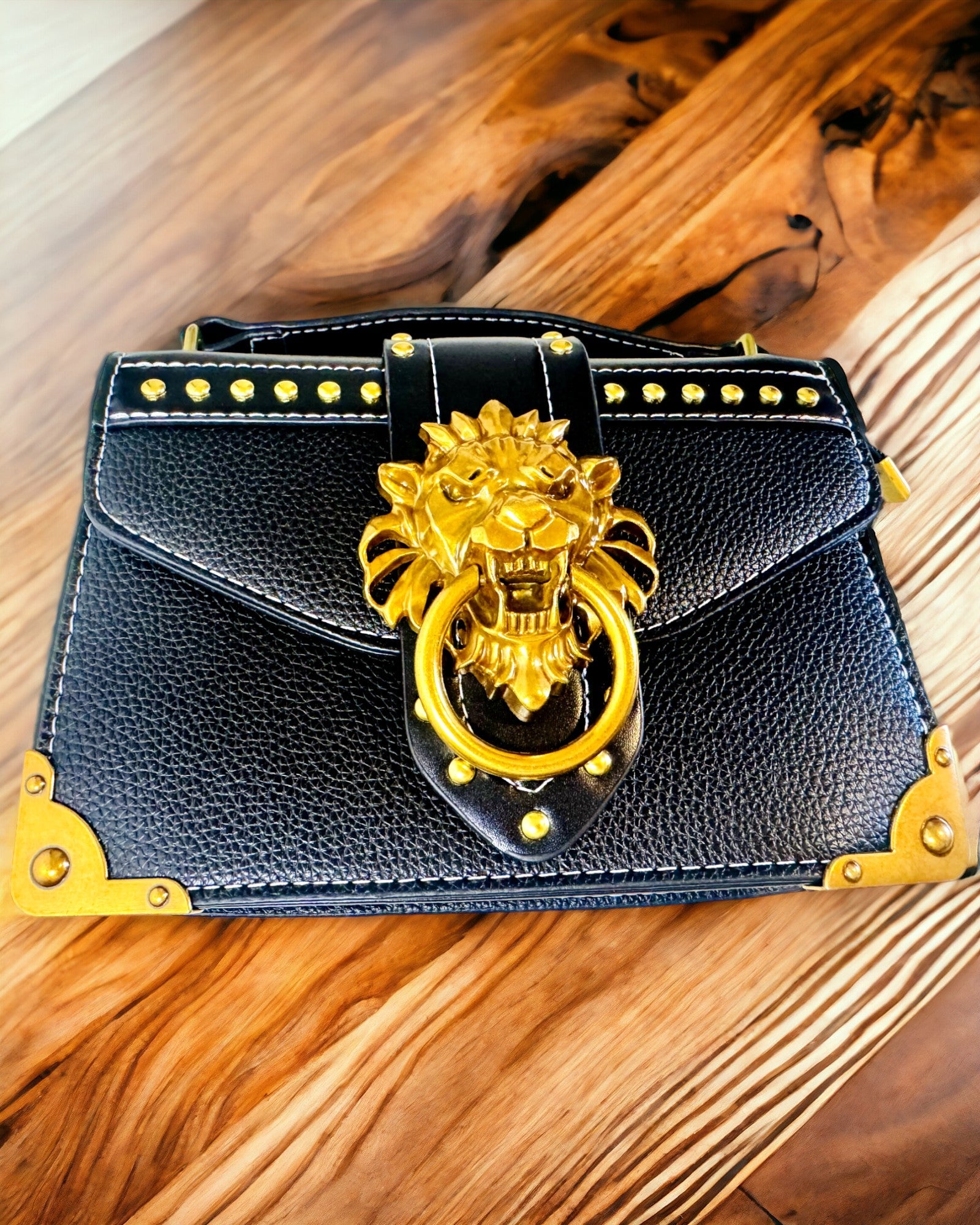 Fashionable Square Shoulder Bag with Lion Accent - color black