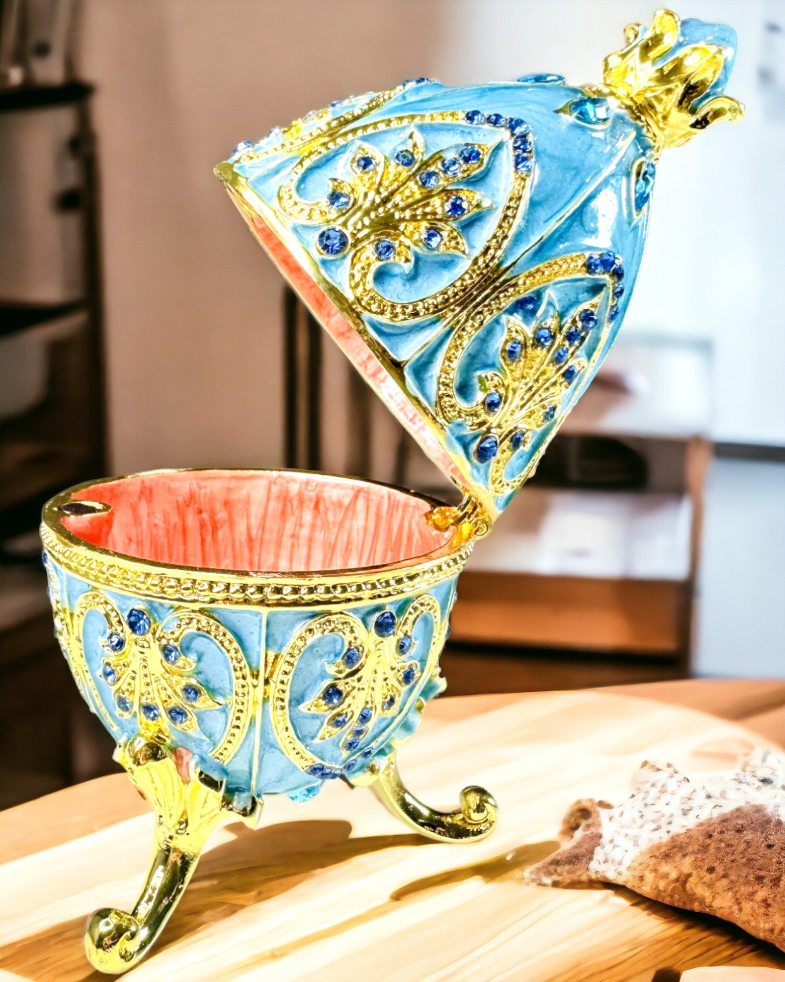 Heavenly Faberge Egg – Enameled Jewelry Organizer - sky blue color. Personalization with engraving