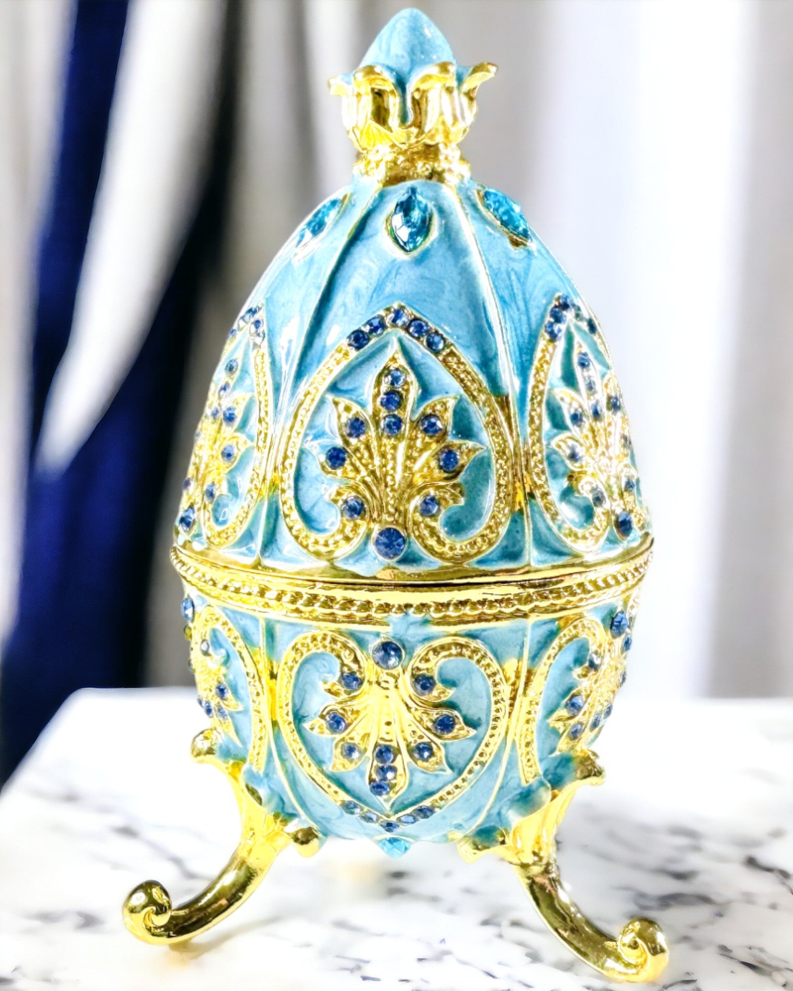 Heavenly Faberge Egg – Enameled Jewelry Organizer - sky blue color. Personalization with engraving