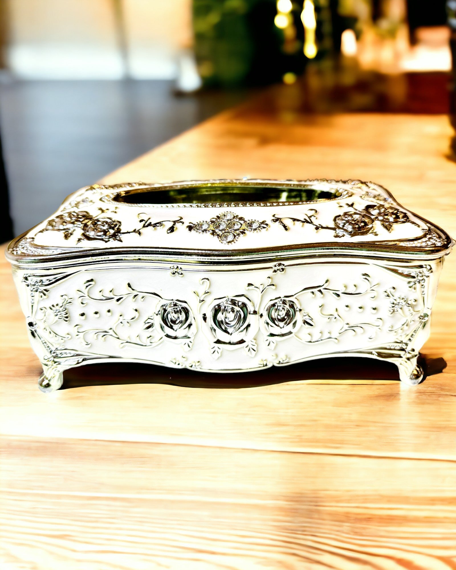 Embossed Rose Pattern Tissue Box - Elegant Interior Accessory, white
