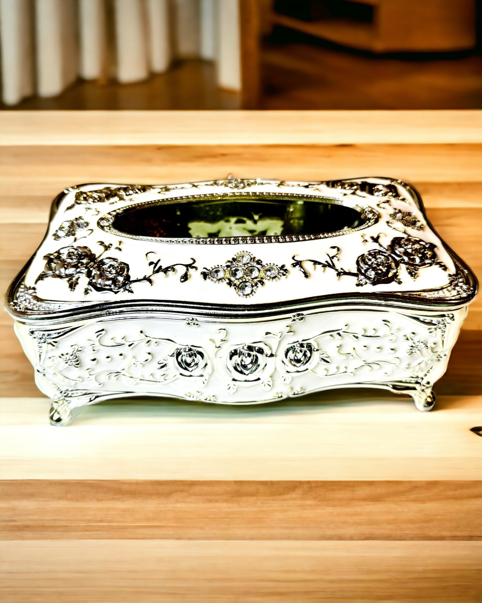 Embossed Rose Pattern Tissue Box - Elegant Interior Accessory, white