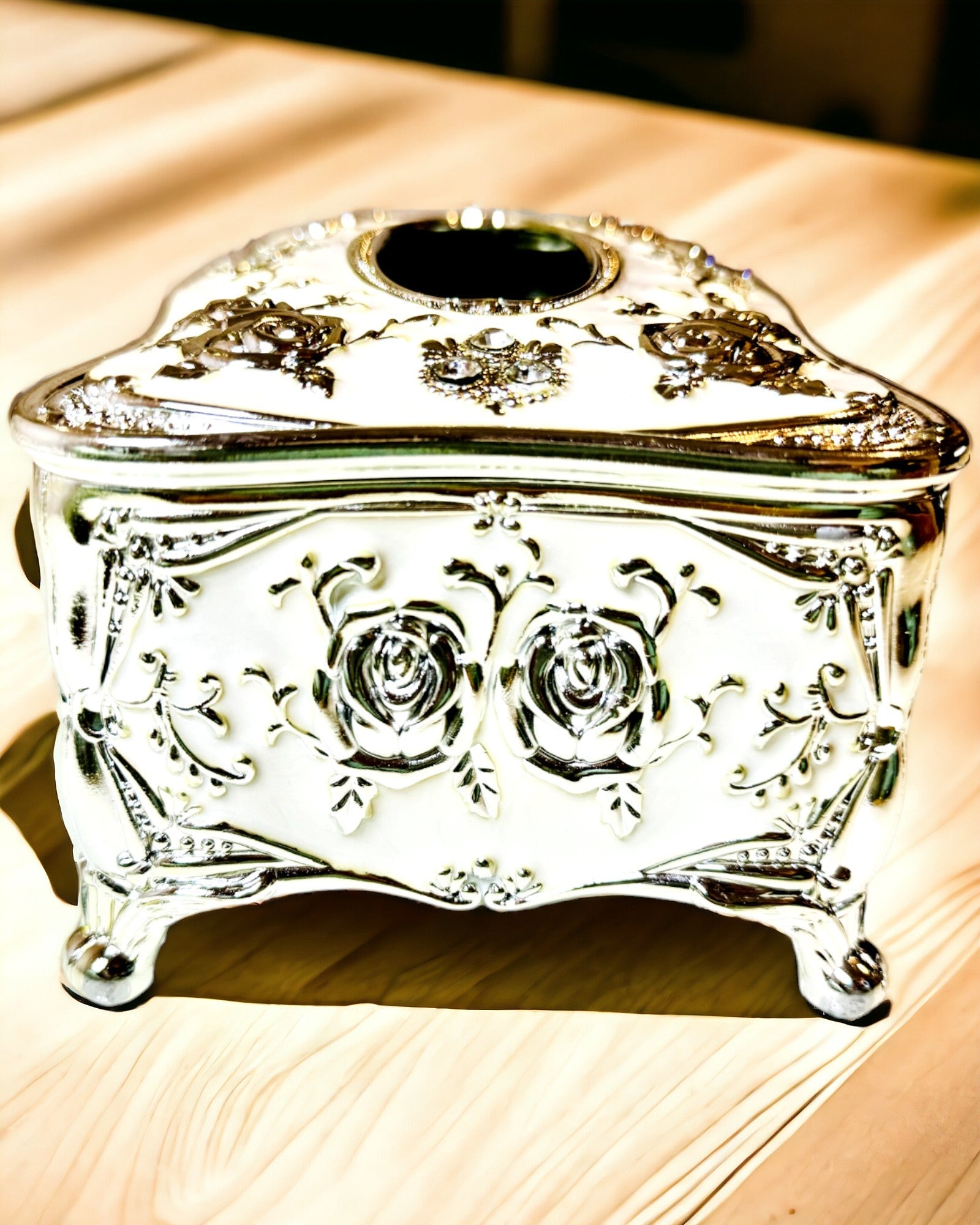Embossed Rose Pattern Tissue Box - Elegant Interior Accessory, white