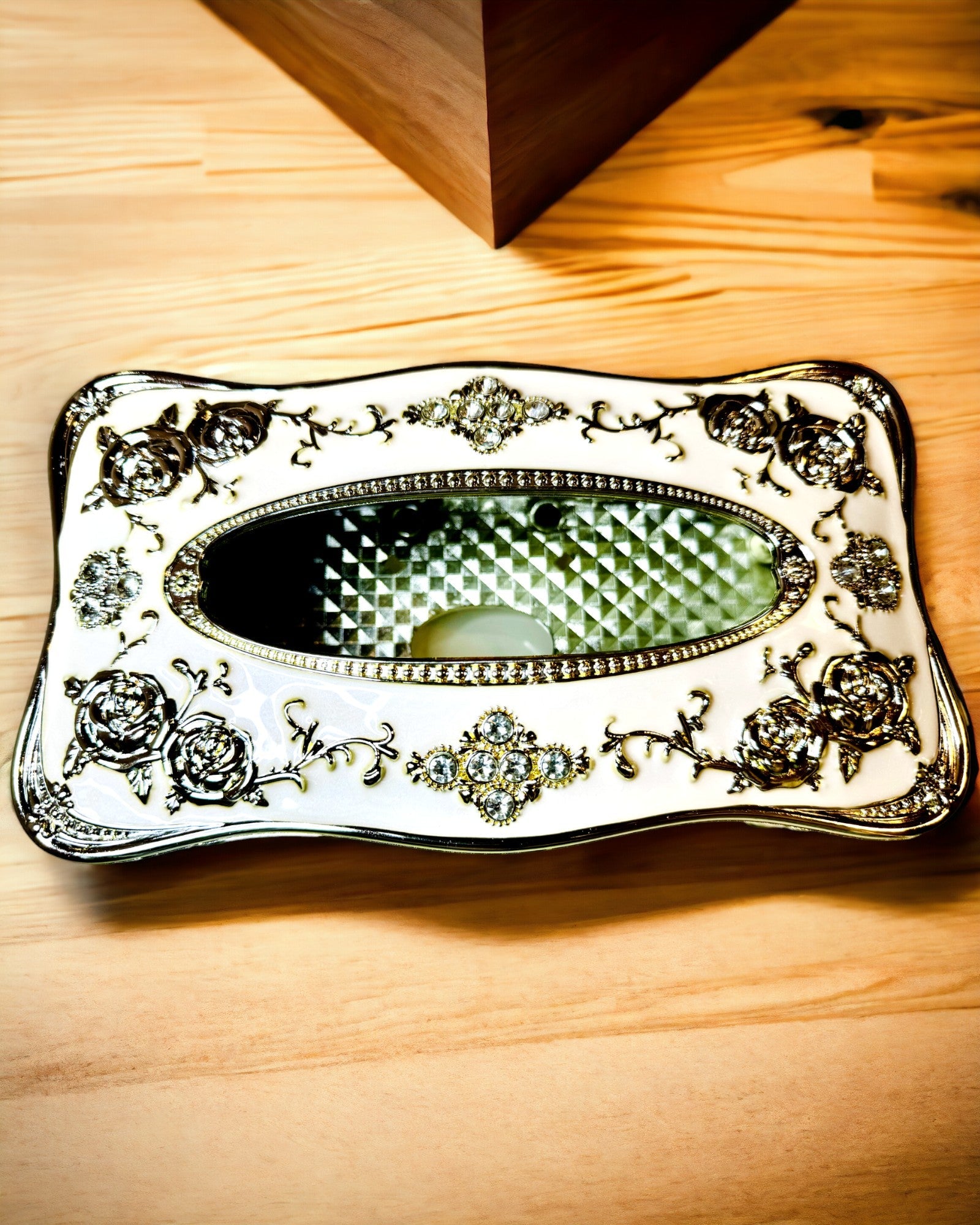 Embossed Rose Pattern Tissue Box - Elegant Interior Accessory, white