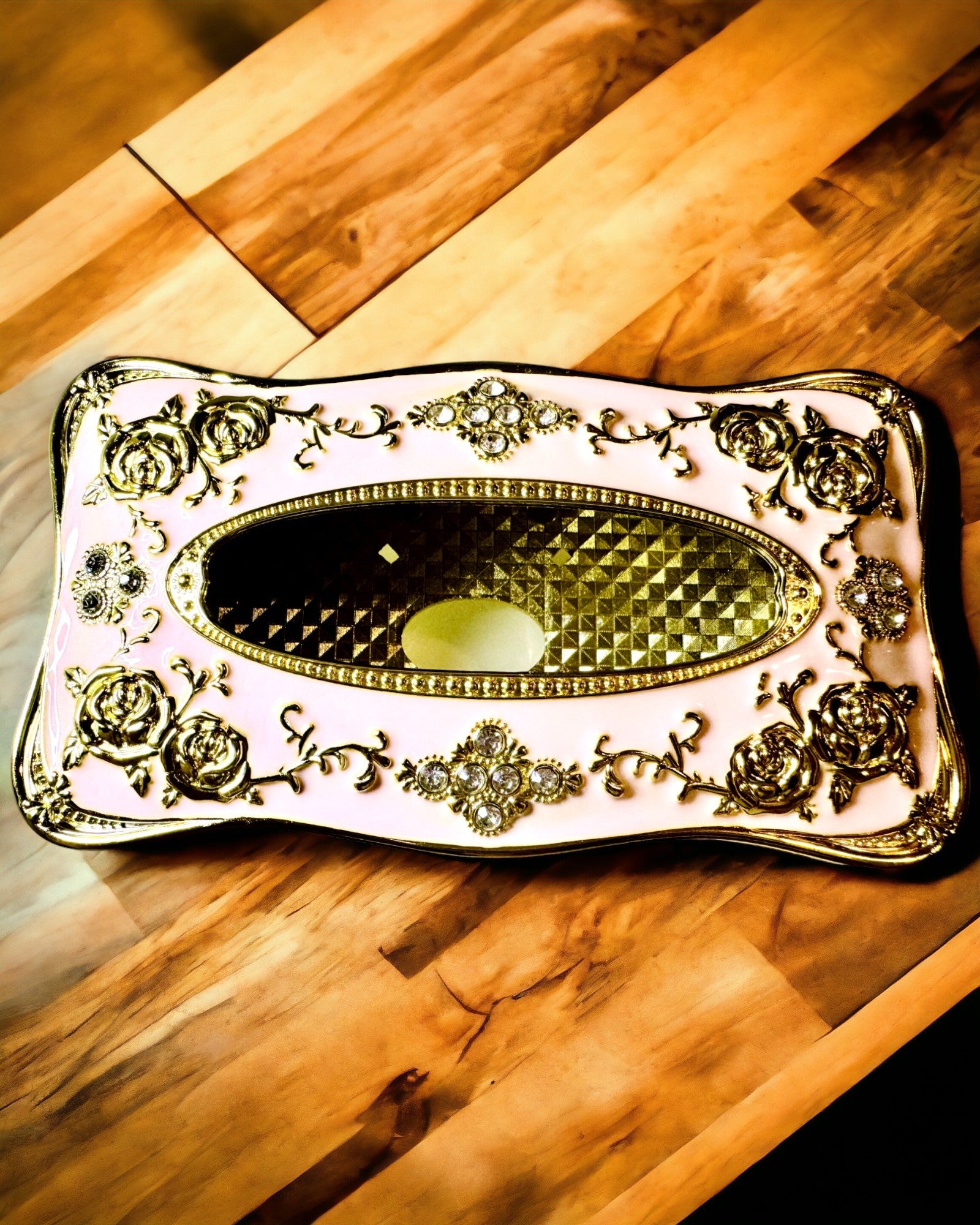 Elegant Pink Tissue Box with Embossed Roses – A Luxurious Touch for the Living Room, Hotel, or Club