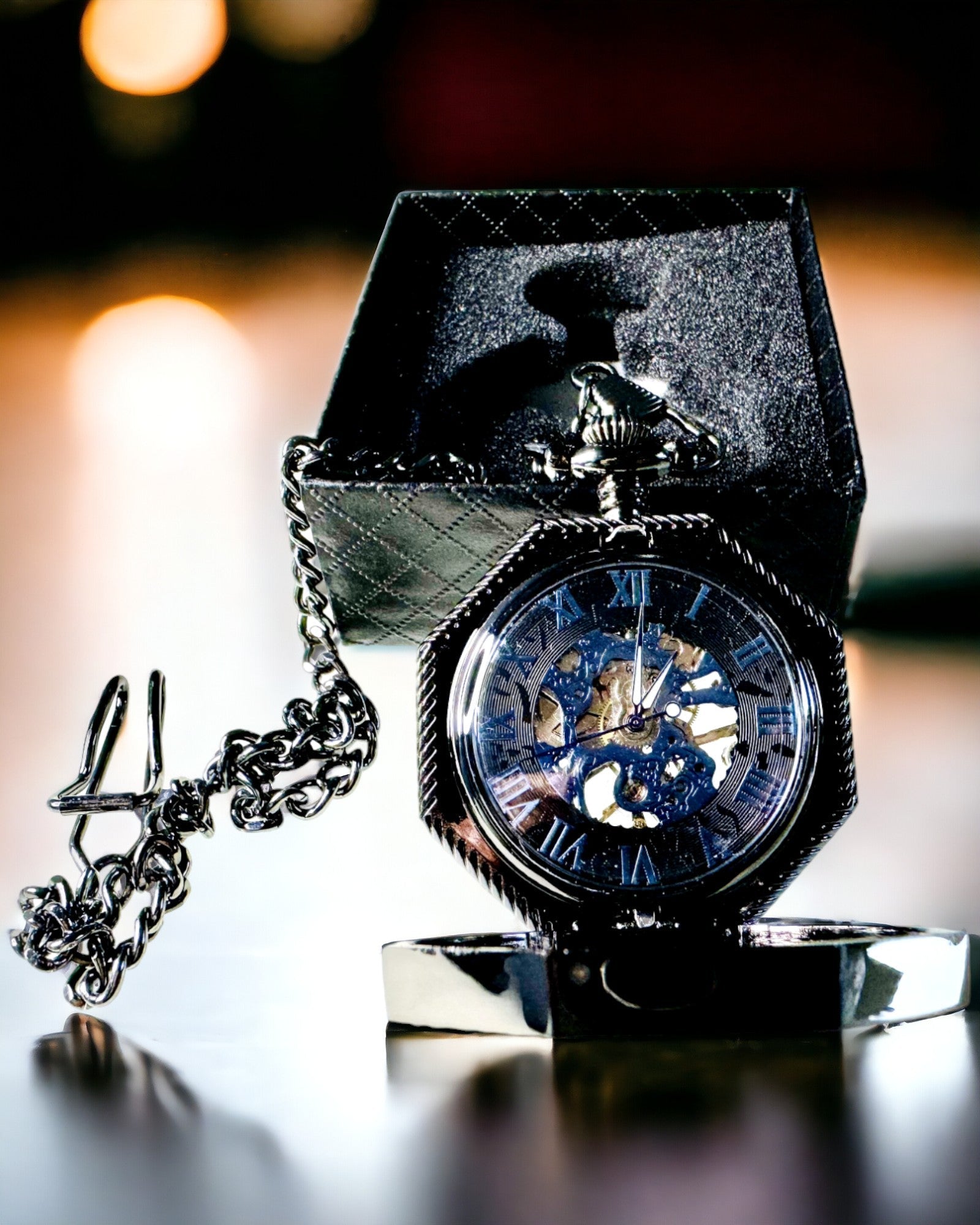 Classic Octagonal Mechanical Steampunk Pocket Watch in Black, Engraving