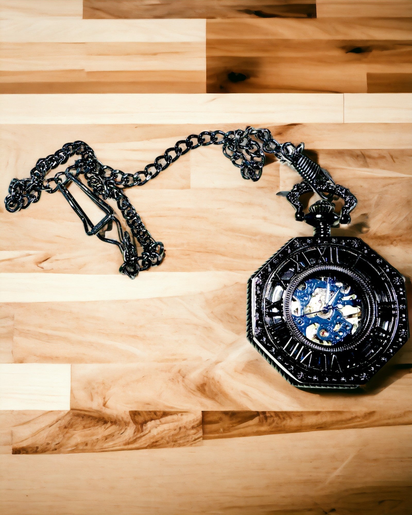 Classic Octagonal Mechanical Steampunk Pocket Watch in Black, Engraving