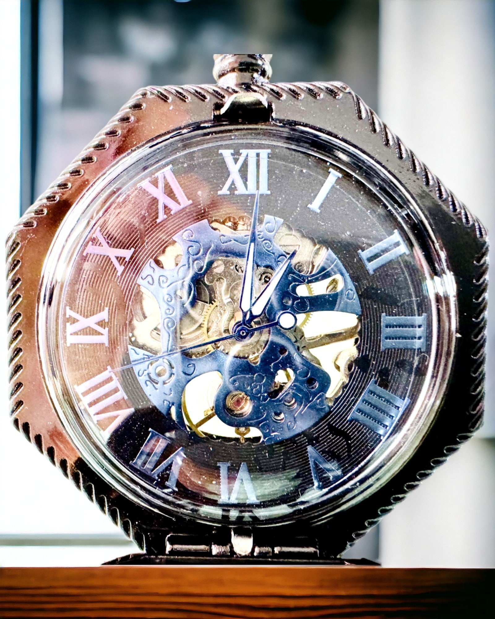 Classic Octagonal Mechanical Steampunk Pocket Watch in Black, Engraving