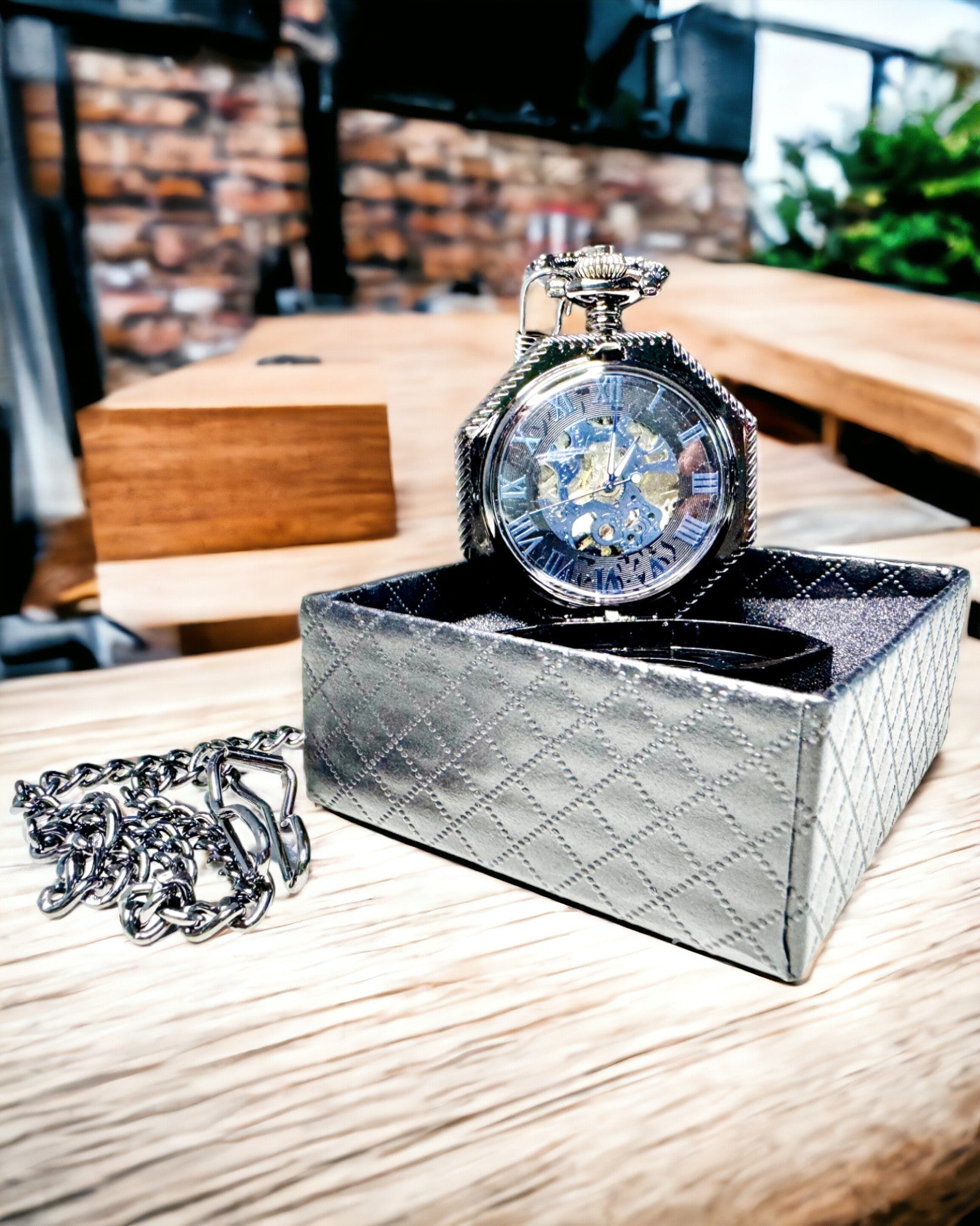 Classic Octagonal Mechanical Steampunk Pocket Watch in Black, Engraving