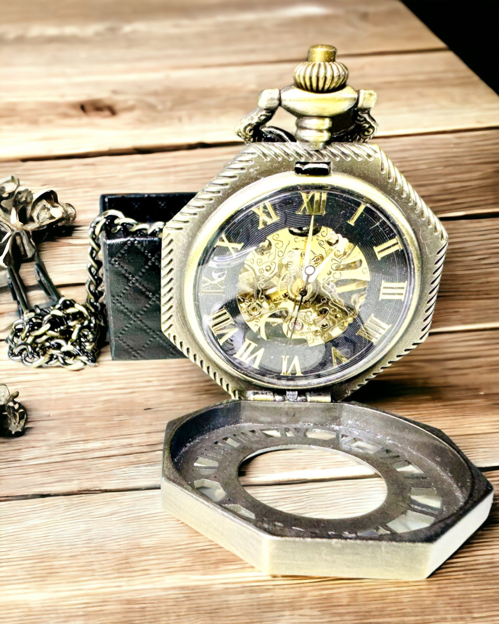 Classic Octagonal Brown Color Mechanical Pocket Watch in Steampunk Style - Timeless