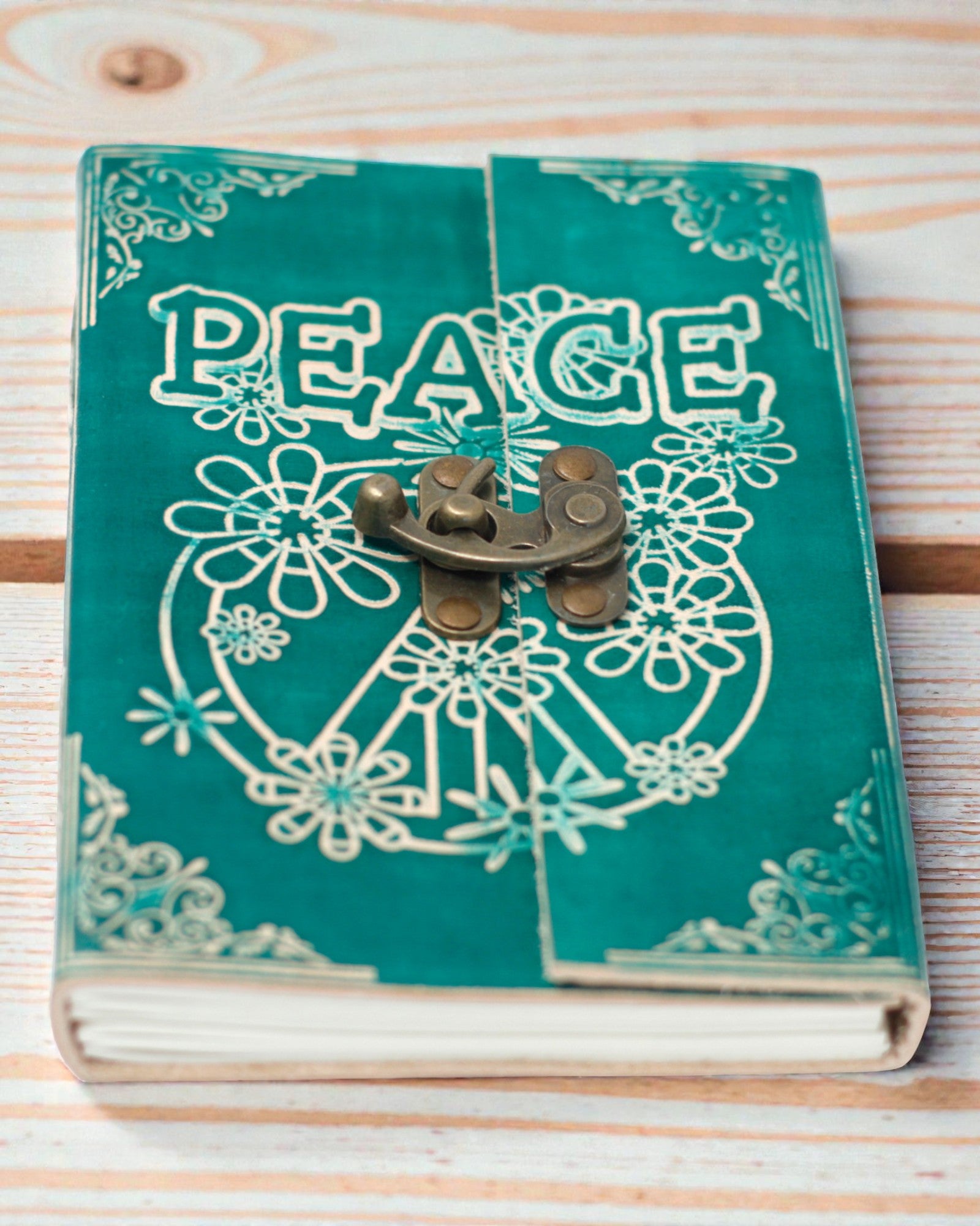 Turquoise Leather Notebook “Peace” with Zipper – Harmony & Calm (18 x 13 cm)