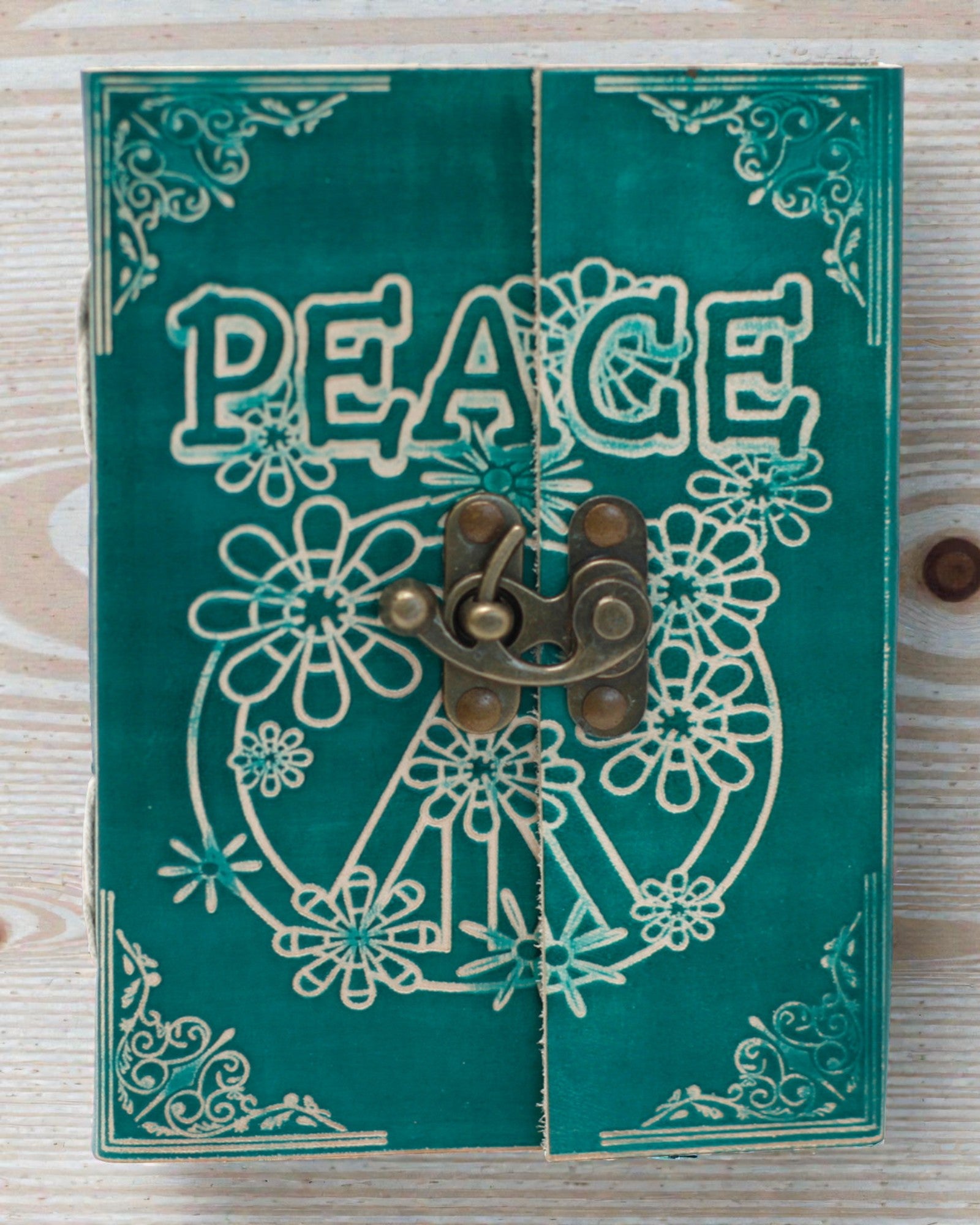 Turquoise Leather Notebook “Peace” with Zipper – Harmony & Calm (18 x 13 cm)