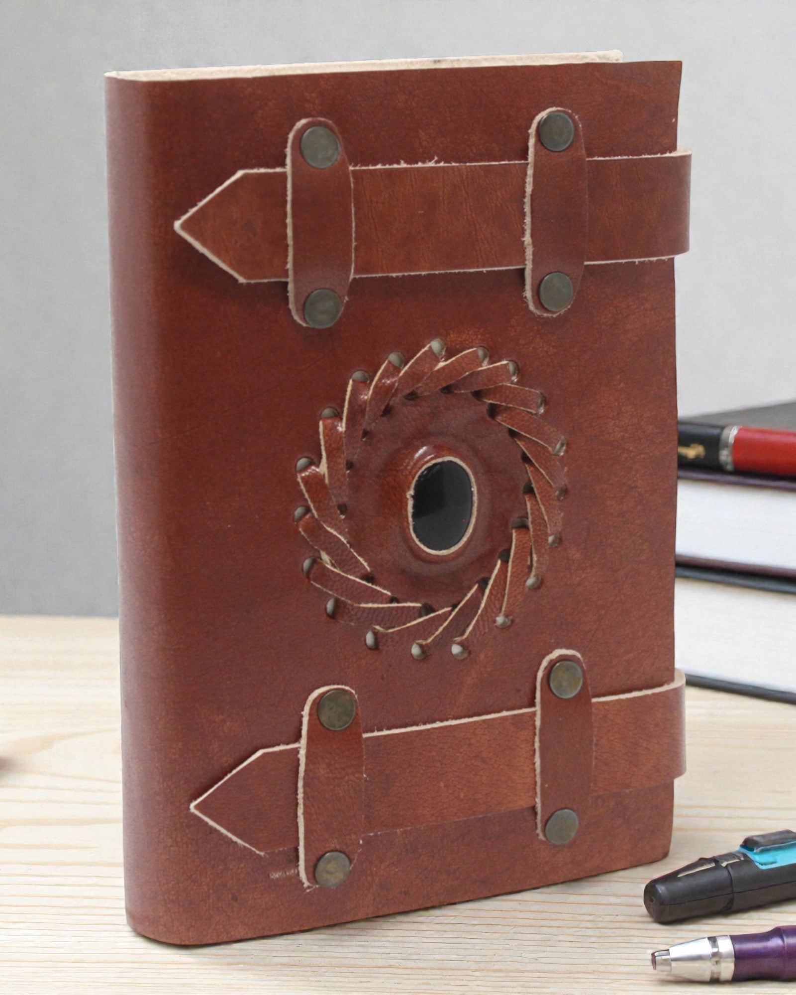 Leather Notebook Black Onyx with Straps – 15x10 cm