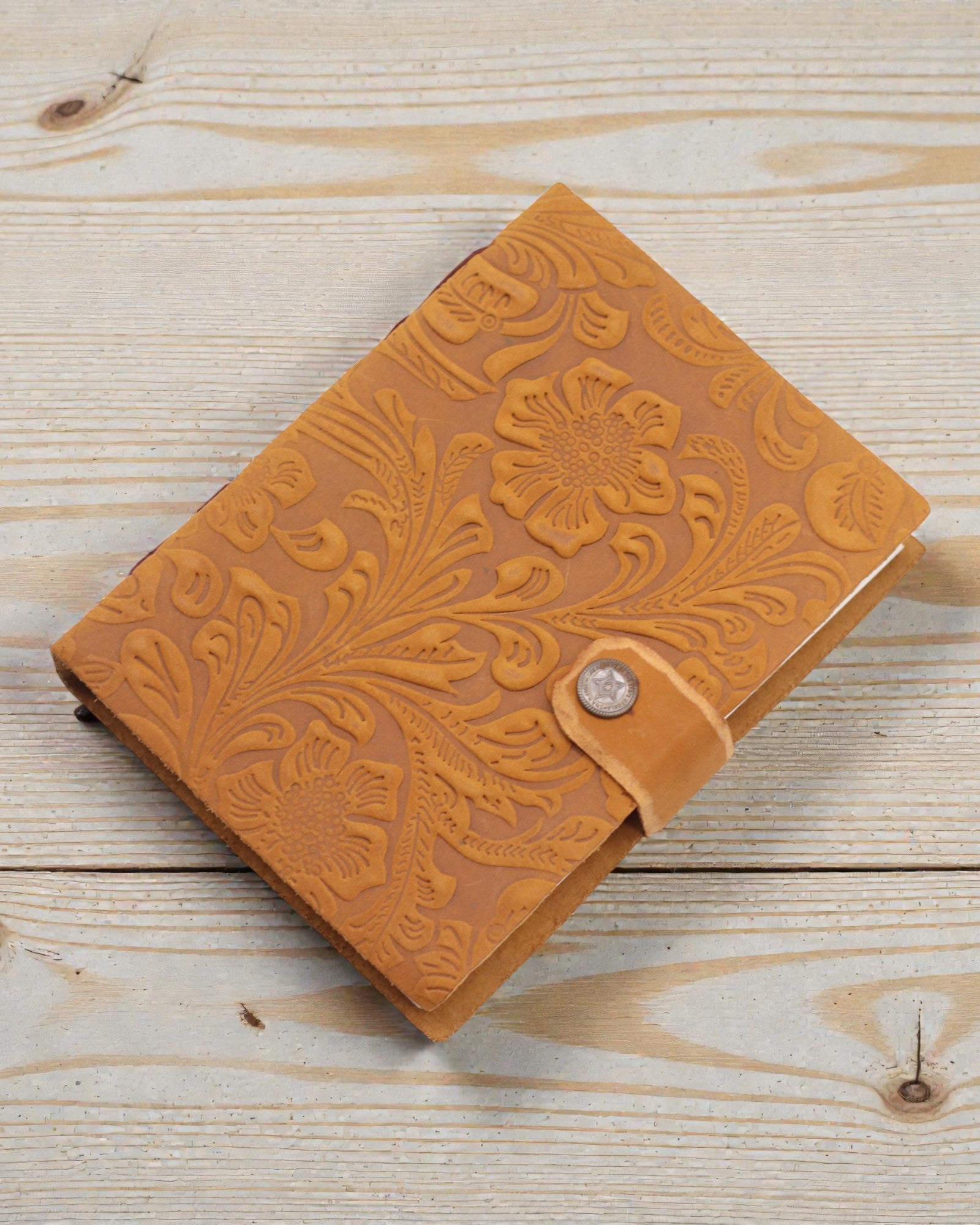 Leather Notebook with Embossed Flowers – brown (17.8 x 12.7 cm)