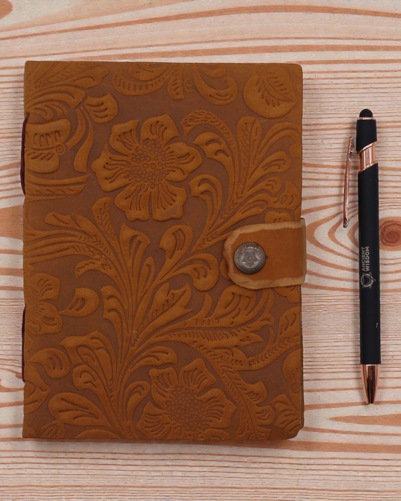 Leather Notebook with Embossed Flowers – brown (17.8 x 12.7 cm)