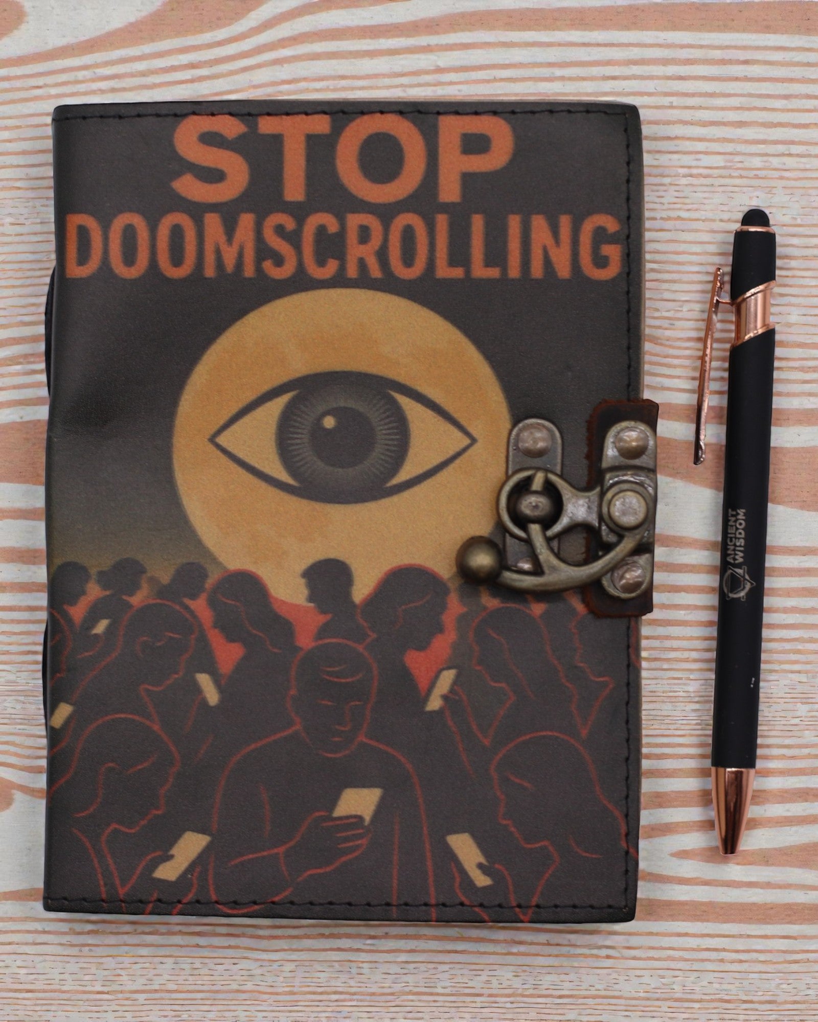 Leather Notebook with Print – Stop Doomscrolling (17,8 × 12,7 cm)