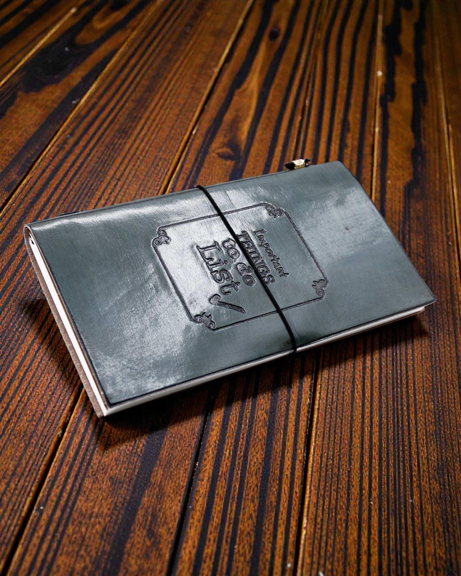 Important Things to Do – grey leather handmade notebook 22 × 12 × 1,5 cm, 80 pages