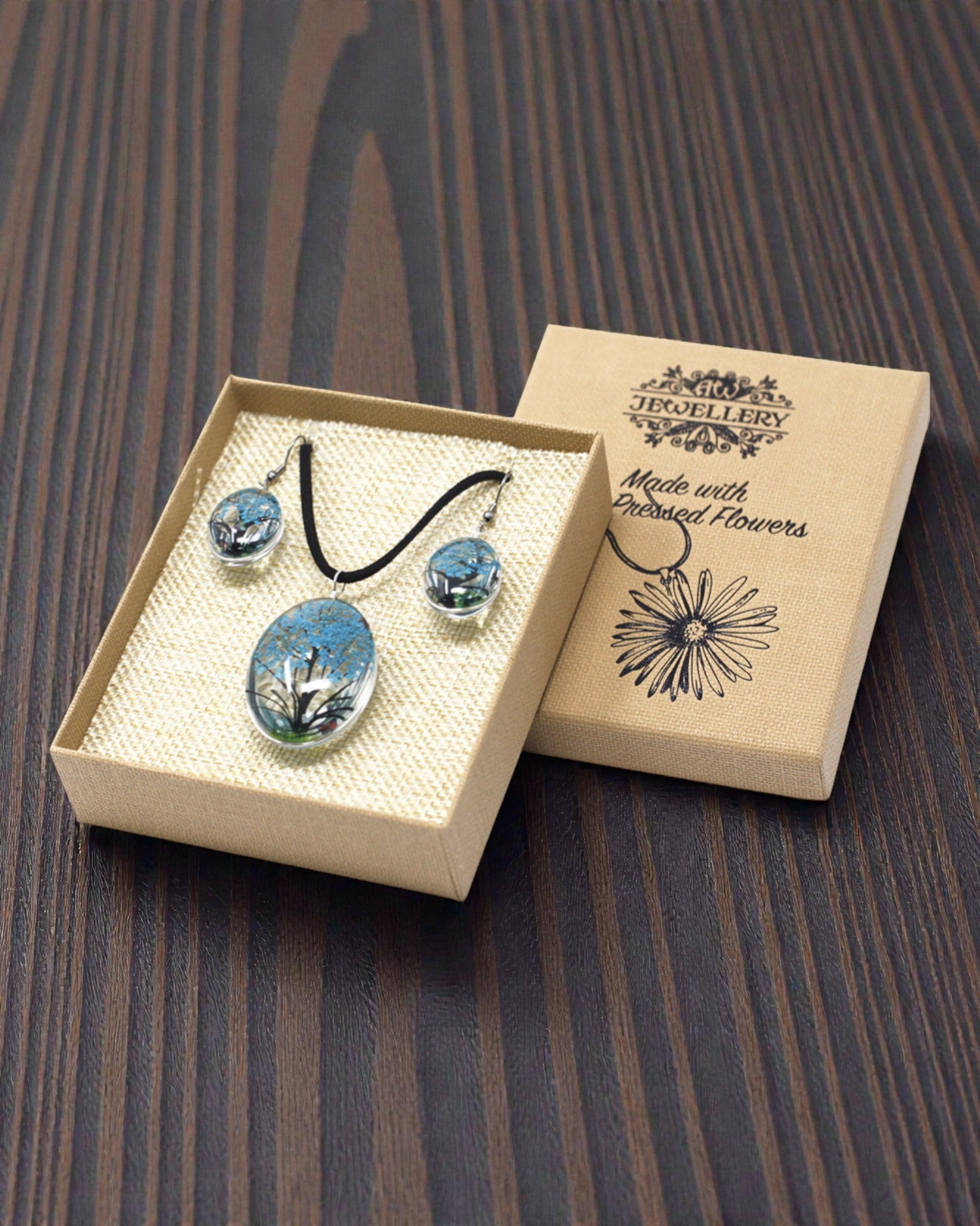 Sea Breeze – Blue-Green Jewelry Set with Dried Flowers Tree of Life